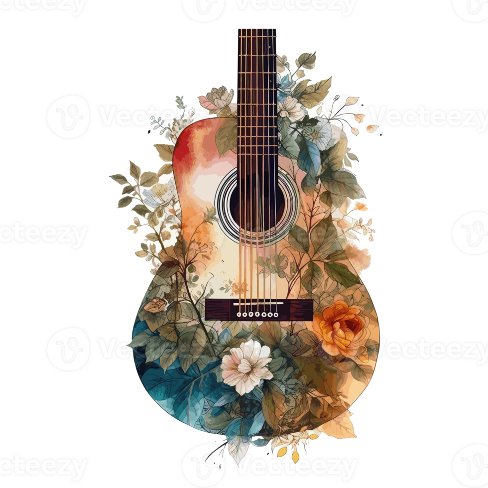watercolor classical guitar Flowers clinging to the guitar . png