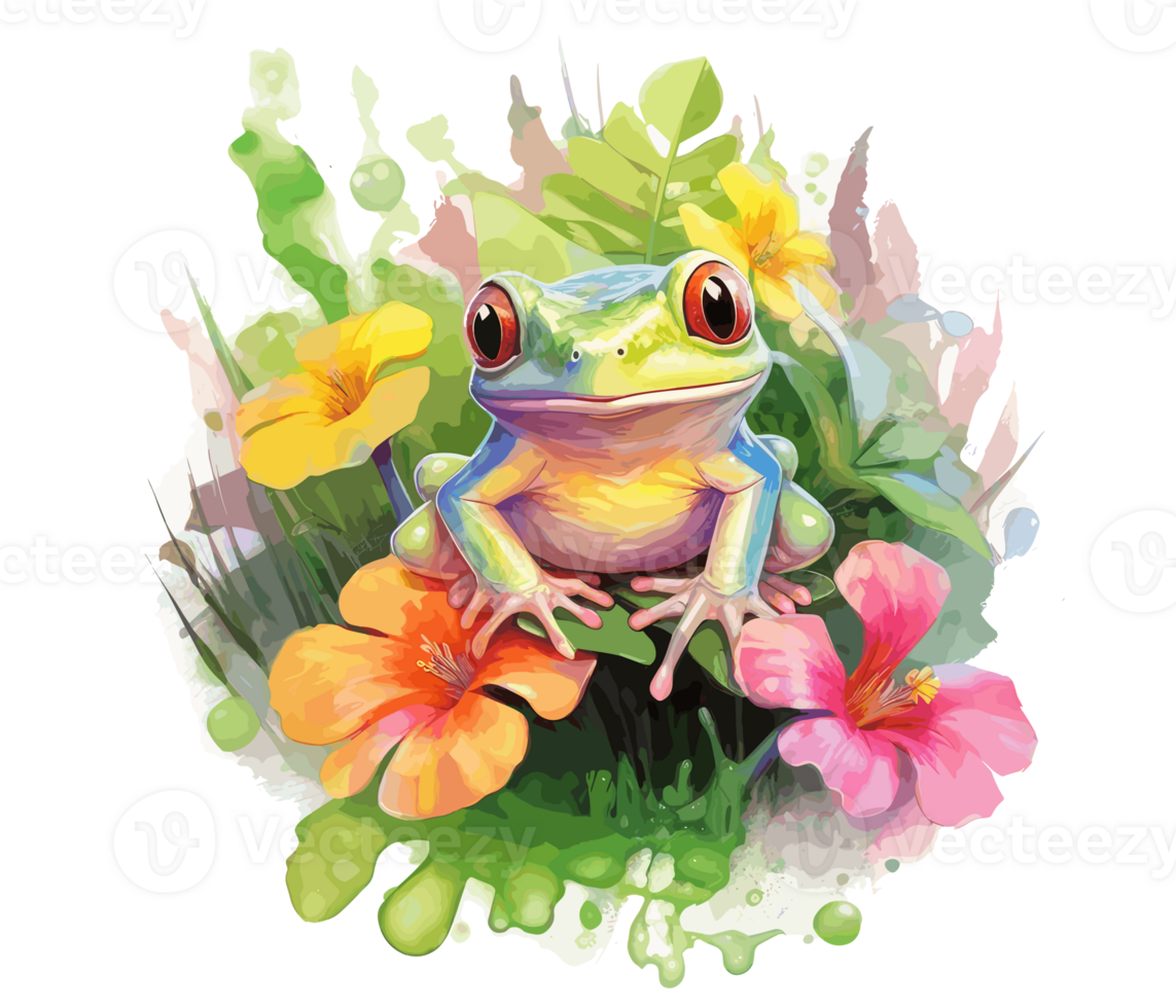Adorable Baby Frog with Flowers Watercolor. png