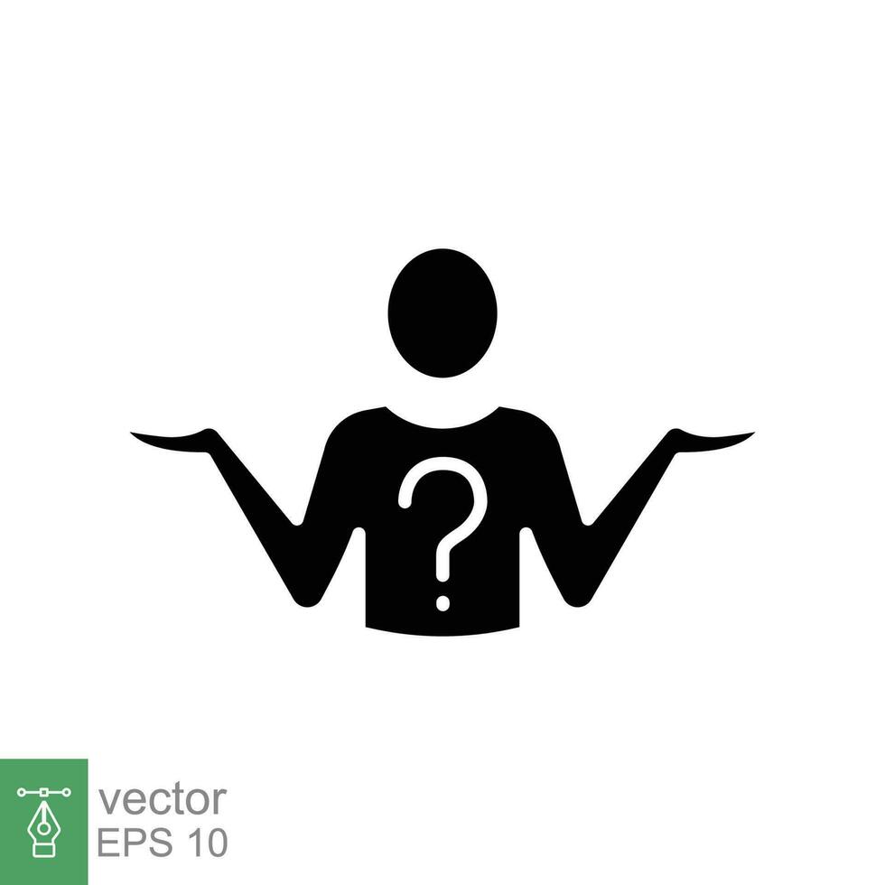 Shrug icon. Simple solid style. Doubt, unsure, person with question mark, people confused concept. Black silhouette, glyph symbol. Vector symbol illustration isolated on white background. EPS 10.