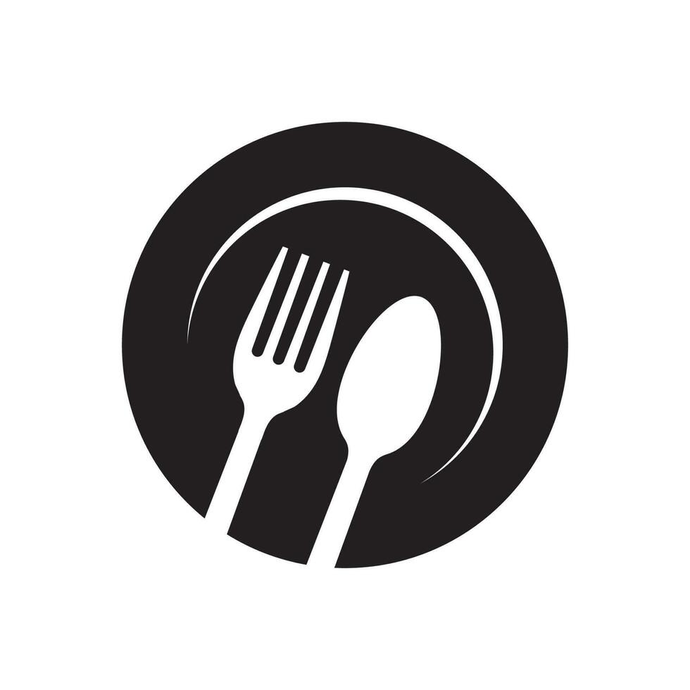 Plate,  fork and spoon icon. Cutlery symbol. Flat Vector illustration