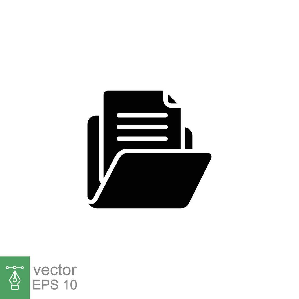 Document file icon. Simple solid style. Collect, account, data bank, information, open folder concept. Black silhouette, glyph symbol. Vector symbol illustration isolated on white background. EPS 10.