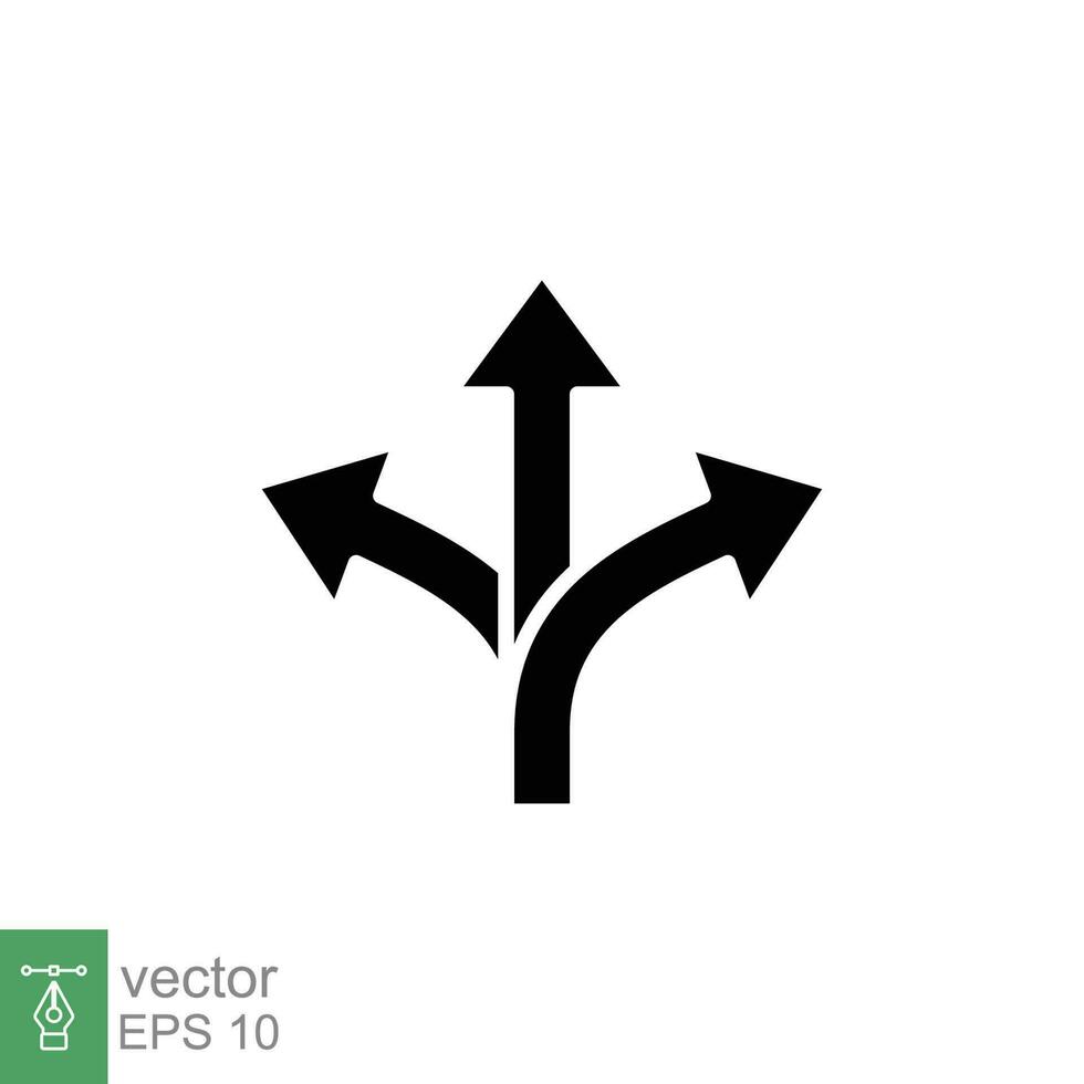 3 arrow way icon. Simple solid style. Choice, option, pathway, opportunity, three, road concept. Black silhouette, glyph symbol. Vector symbol illustration isolated on white background. EPS 10.