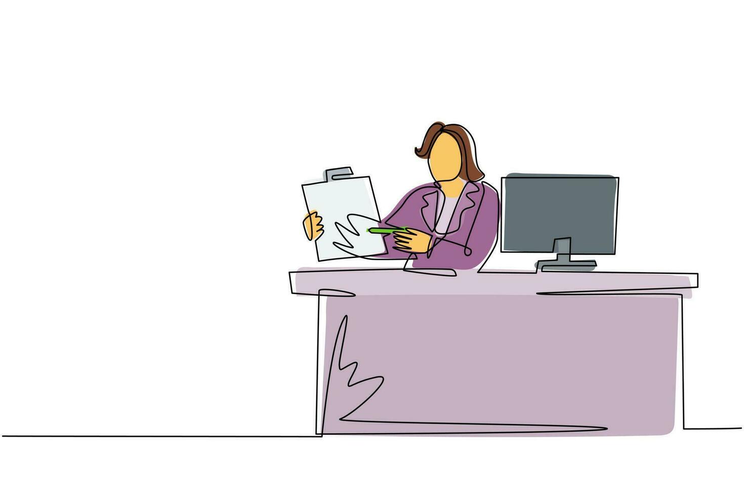 Continuous one line drawing smiling banking clerk showing bank credit, loan contract or mortgage agreement sitting at desk with computer. Businesswoman lender. Single line draw design vector graphic