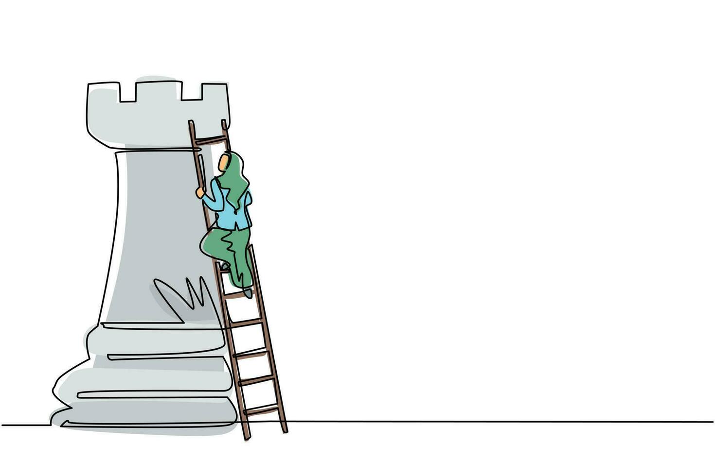 Single one line drawing Arab businesswoman climb huge rook chess piece with ladder. Business strategy and marketing plan. Strategic move in business concept. Continuous line draw design graphic vector
