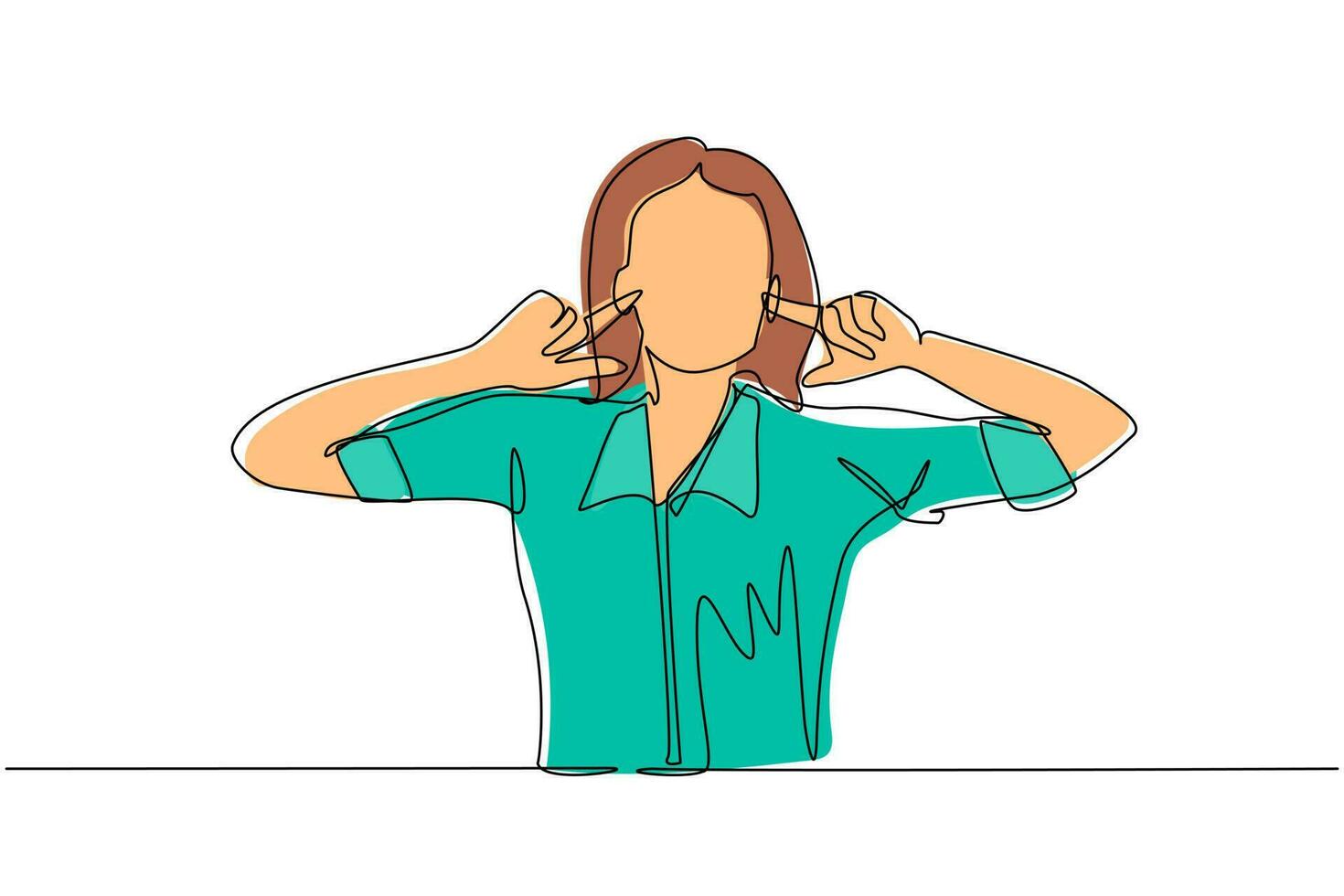 Single one line drawing woman covering ears with fingers with annoyed expression for noise of loud sound or music while eyes closed standing in white background. Continuous line draw design vector