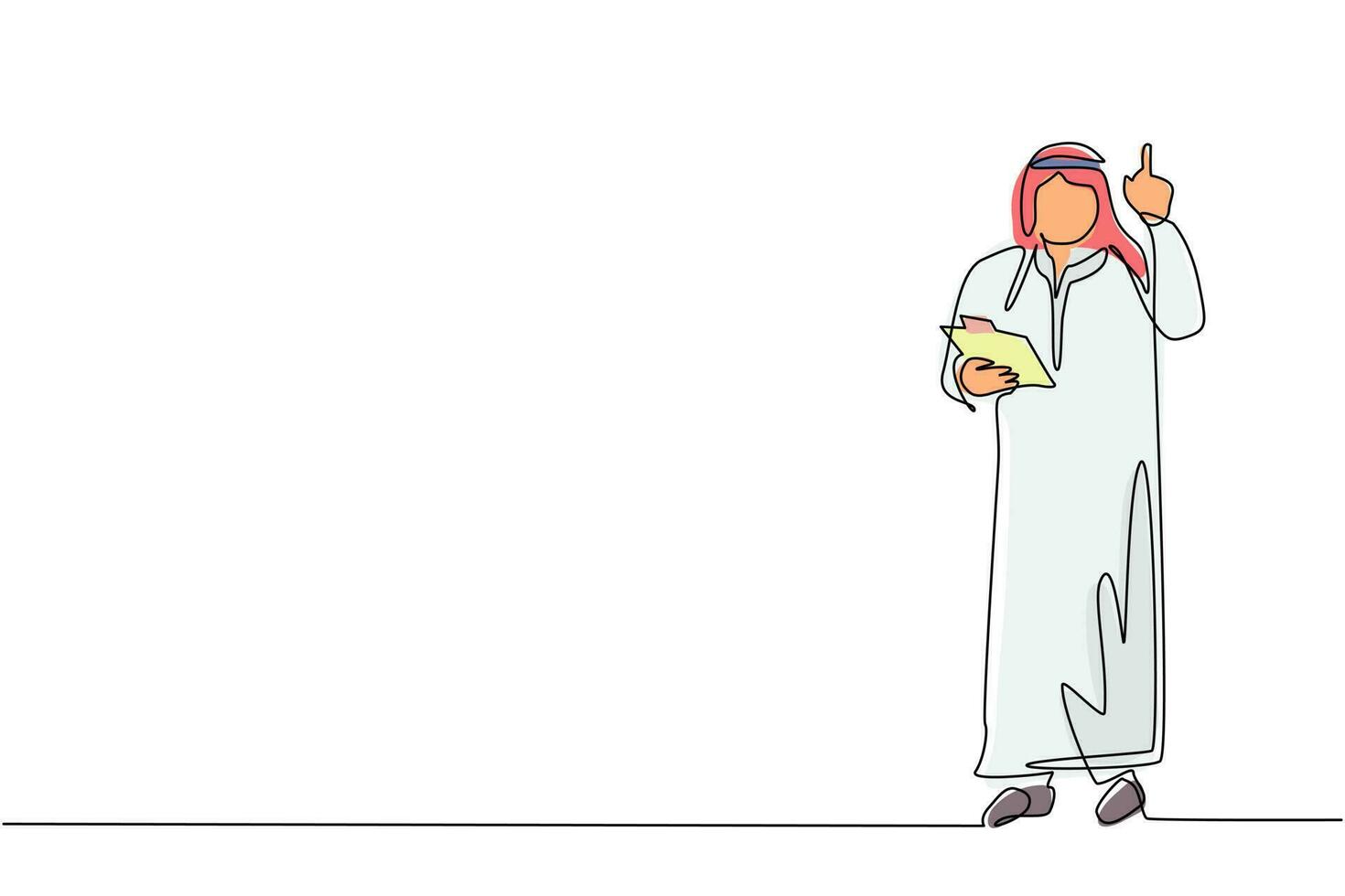 un hombre de negocios árabe de dibujo continuo con ropa tradicional sosteniendo el portapapeles y señalando con el dedo índice hacia arriba. persona que mantiene el bloc de notas en la mano. ilustración de vector de diseño de dibujo de una sola línea