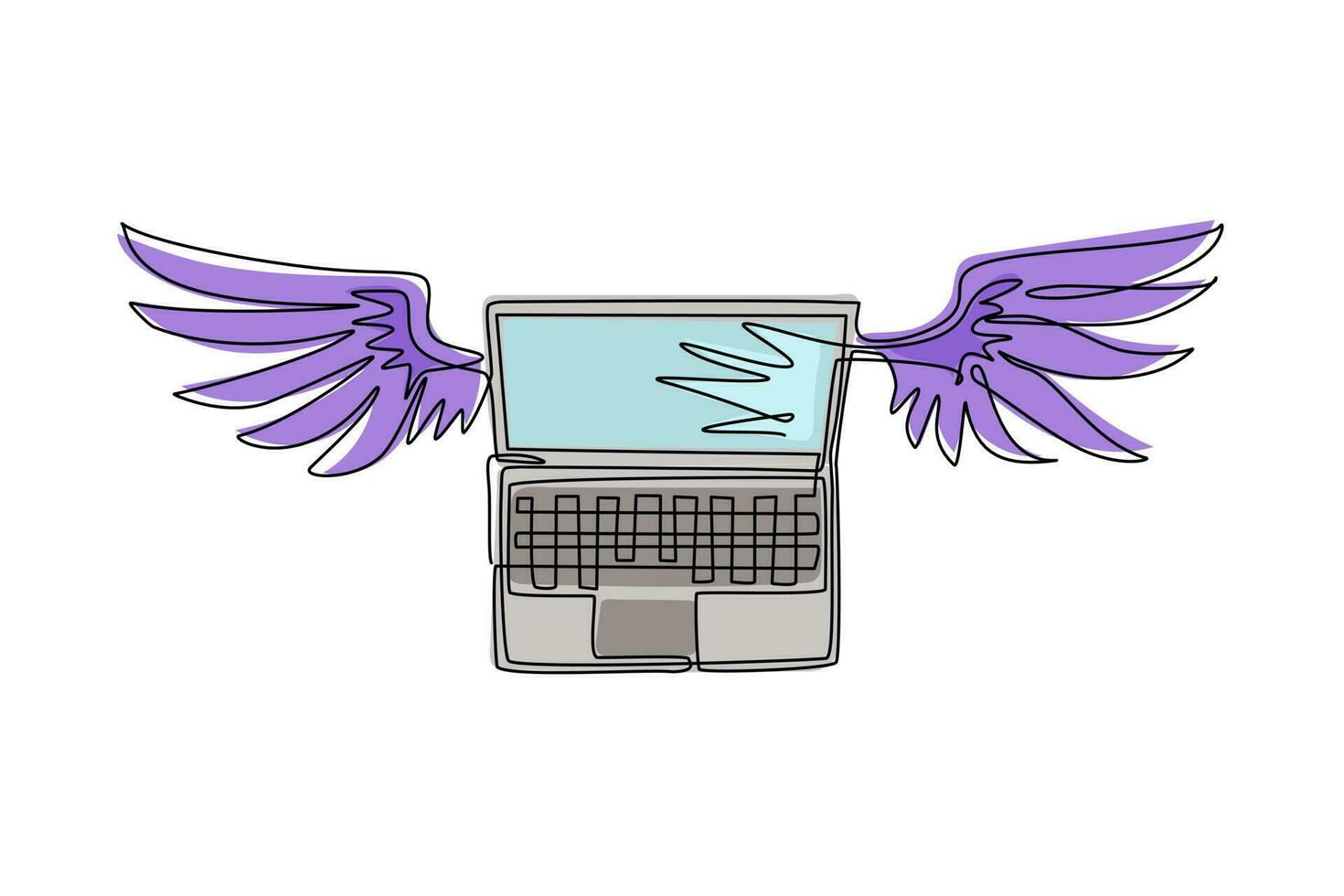 Continuous one line drawing laptop with wings flying in the sky. Cloud computing concept. Laptop computers with wings flying toward the cloud. Single line draw design vector graphic illustration