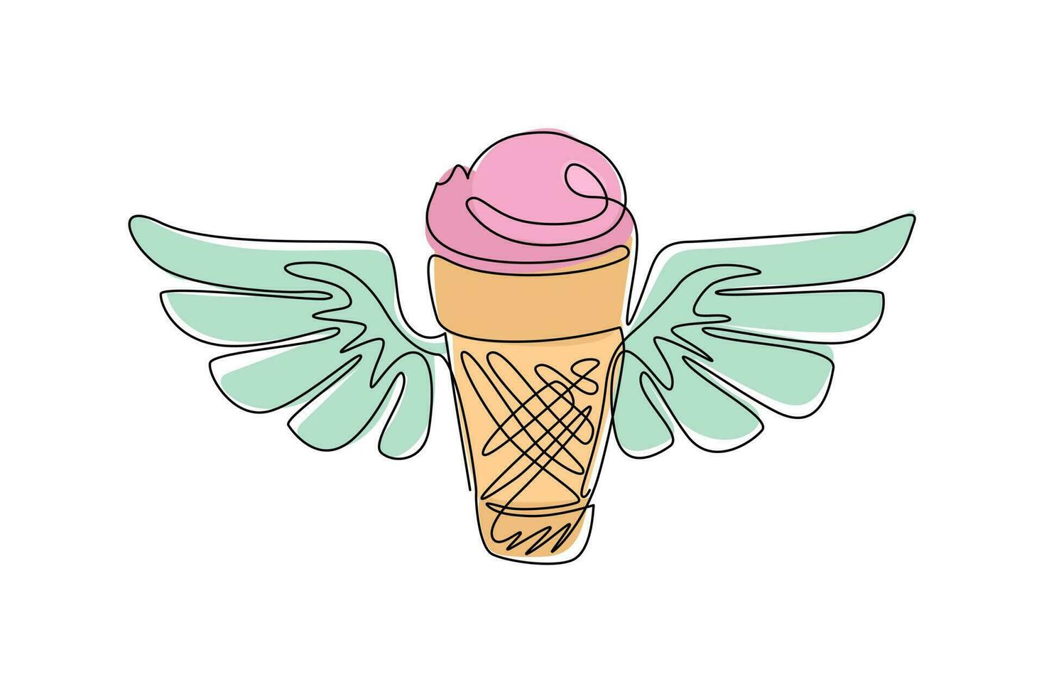 Single continuous line drawing ice cream cone with wings icon. Winged frozen ice cream logo for food business. Delicious dessert in summer. Dynamic one line draw graphic design vector illustration