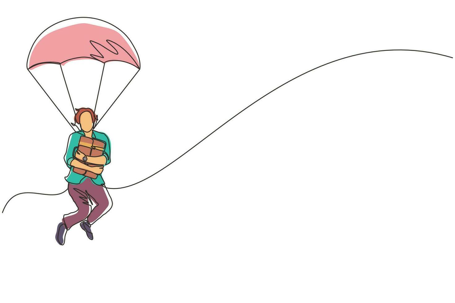 Single one line drawing businesswoman holding briefcase and jumping with parachute. Business people skydiver risk danger and safety concept. Continuous line draw design graphic vector illustration