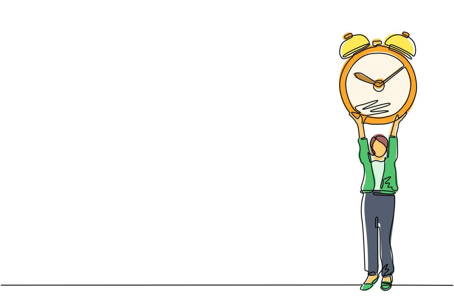 Single continuous line drawing strong businesswoman raising alarm clock in hands. Time, watch, limited offer, deadline symbol. Time to work. Dynamic one line draw graphic design vector illustration