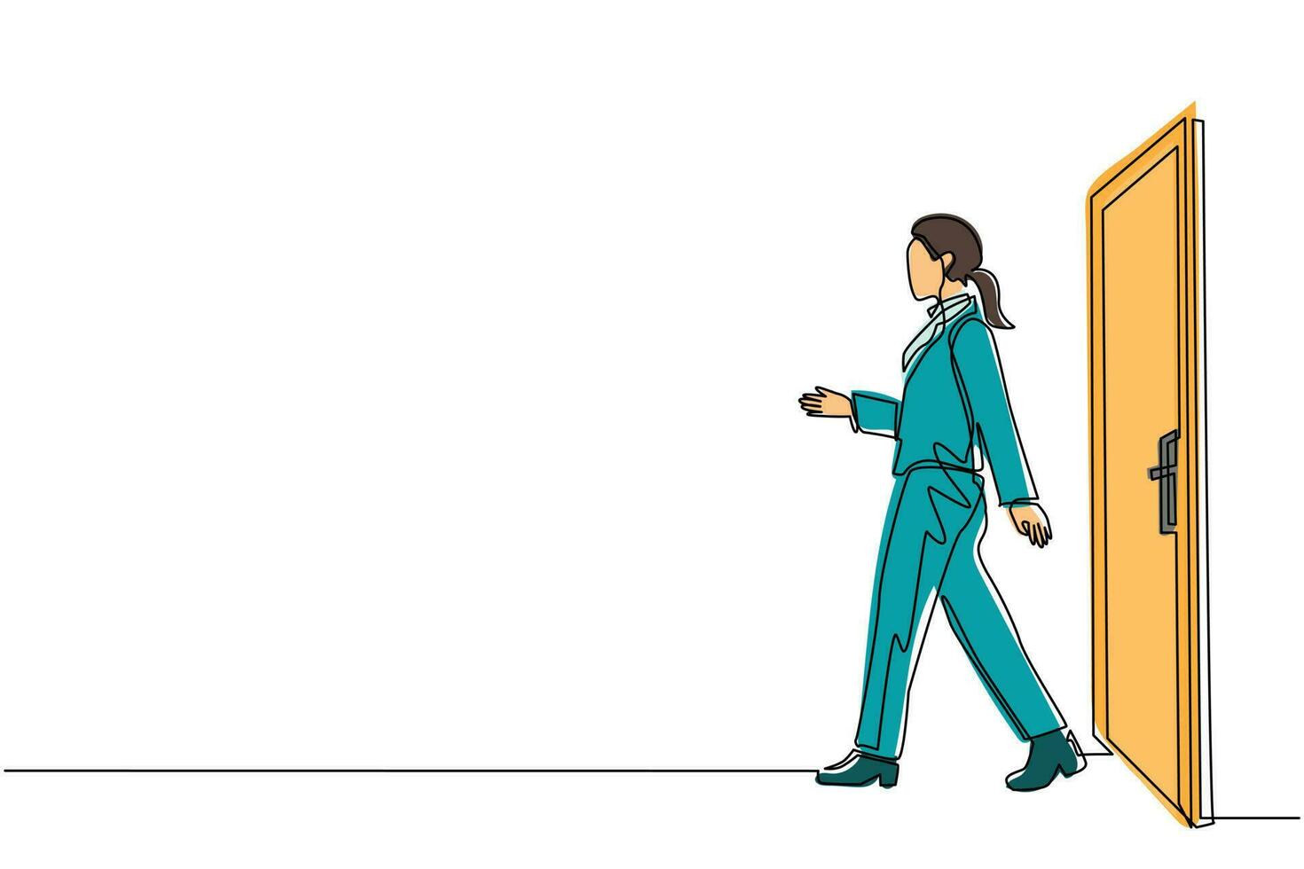 Continuous one line drawing young businesswoman walking and leaving closed door. New business ventures. Entering new market. Career growth concept. Single line draw design vector graphic illustration