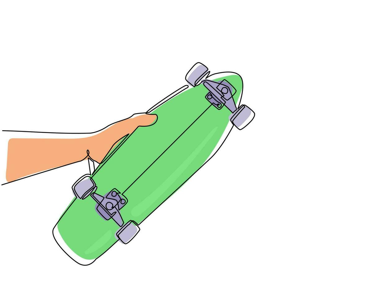 dibujo de una línea continua mano de hombre joven hipster sostiene longboard fresco en la mano. equipamiento deportivo en park road. viaje de aventura milenario. patinador a pie con patineta. vector de diseño de dibujo de una sola línea