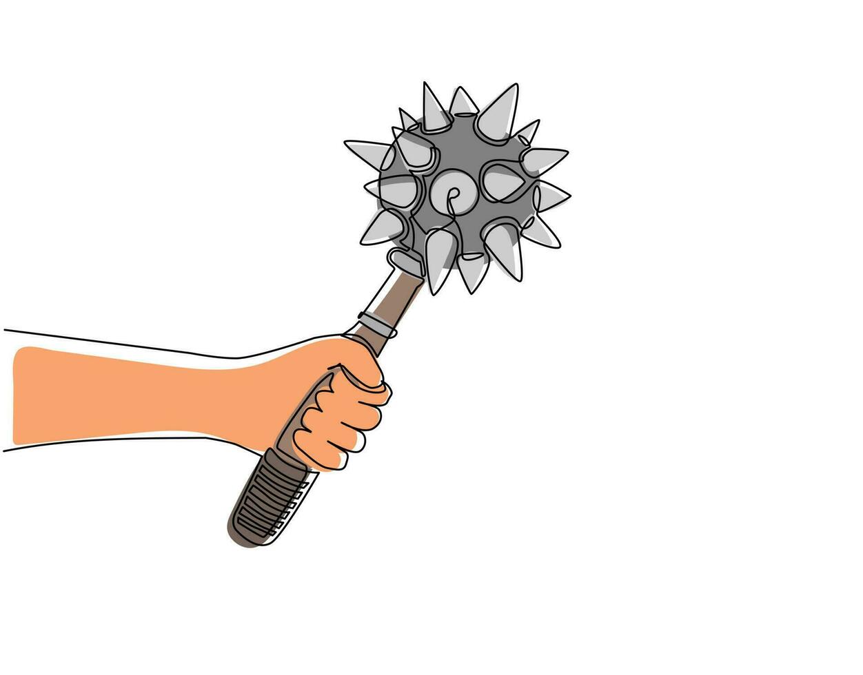 Single continuous line drawing hand holding mace weapon medieval. Military war warrior icon steel mace. Power game black iron. Heavy protection royal ball weapon. Dynamic one line draw design vector