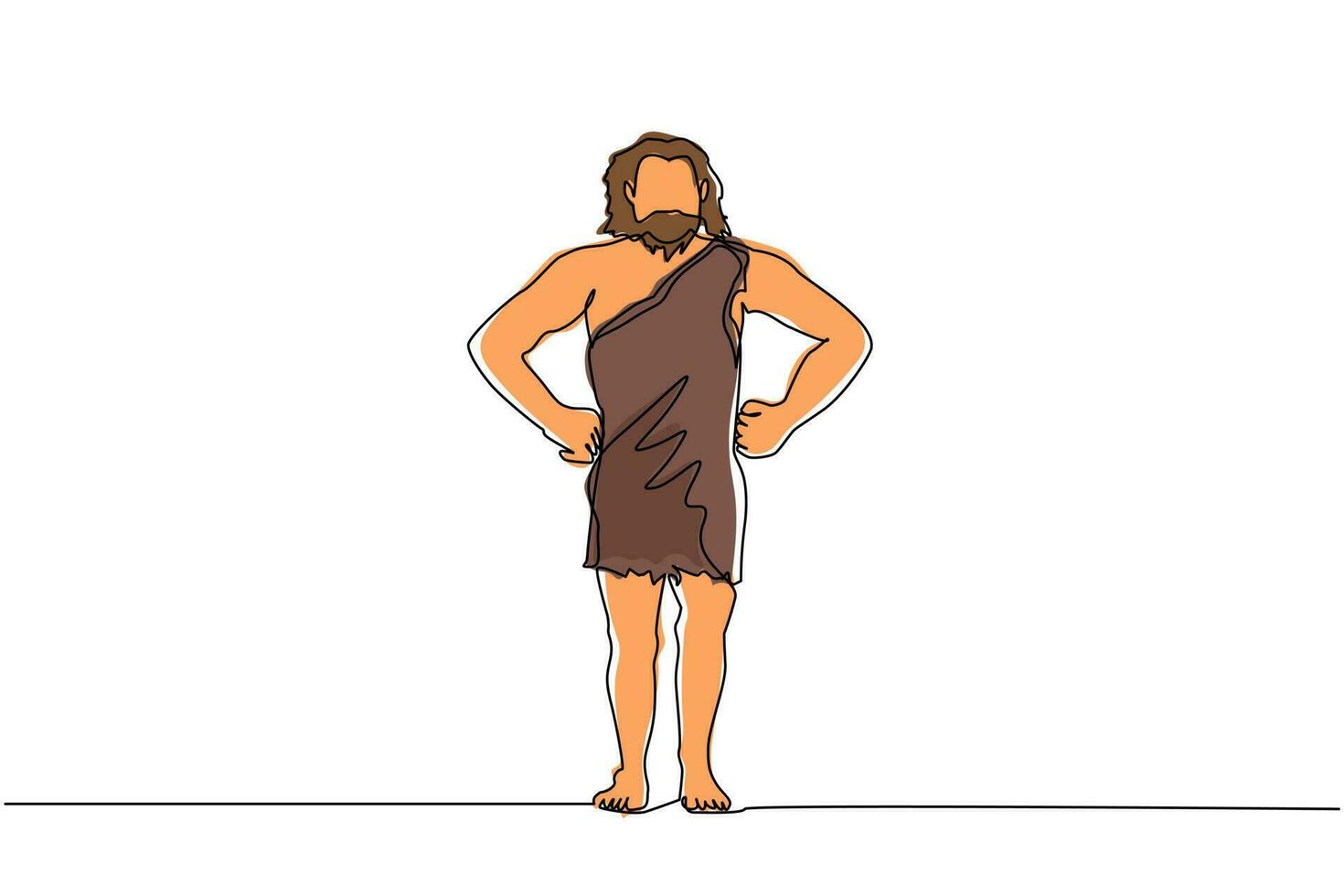 Single one line drawing prehistoric man standing with hands on waist pose. Prehistoric bearded man, primitive stone age caveman in animal pelt cartoon character. Continuous line draw design vector
