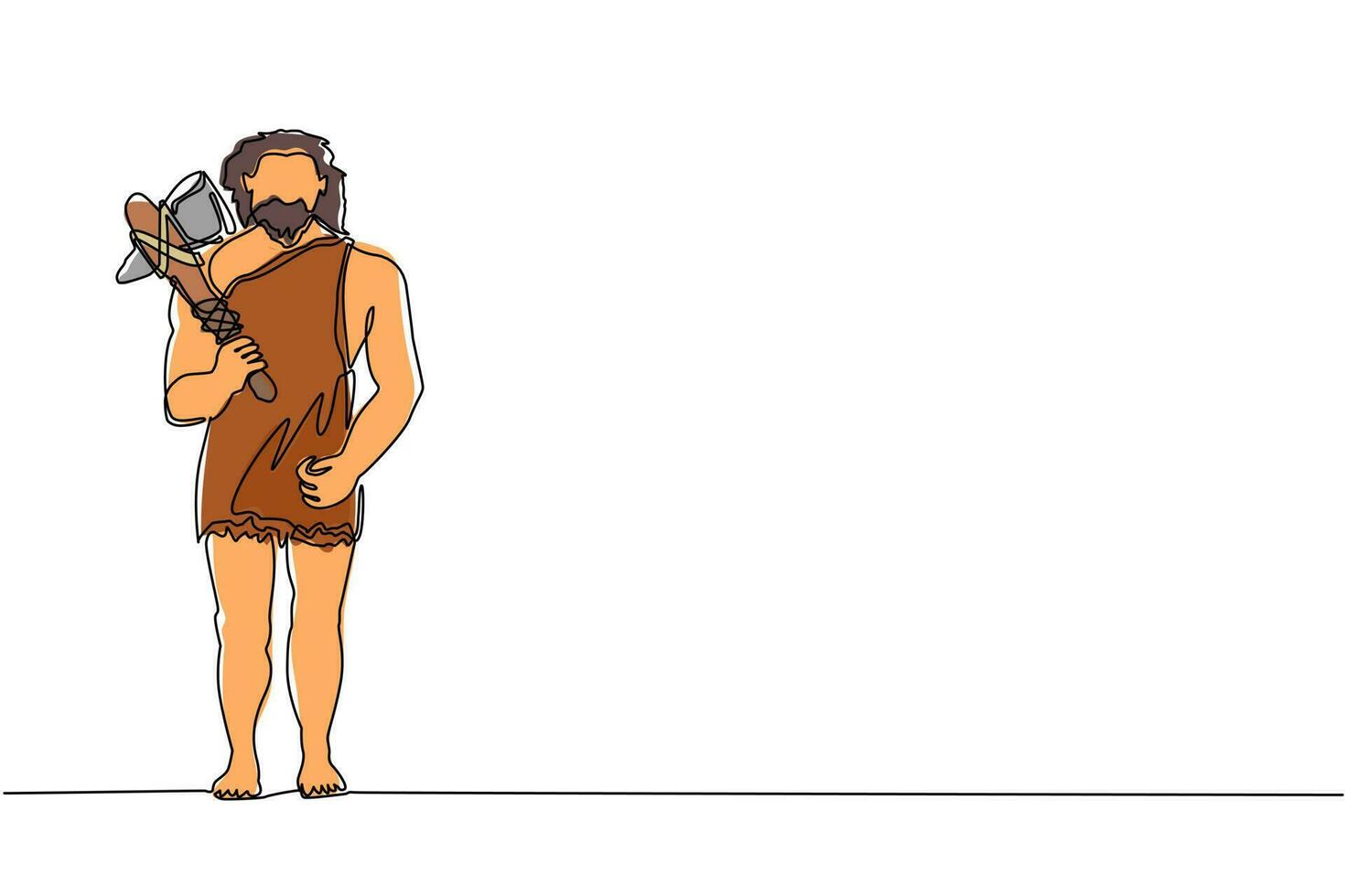 Single continuous line drawing caveman standing and holding stone axe. Prehistoric bearded man dressed in animal pelt. Neanderthal hunter. Ancient human. One line graphic design vector illustration