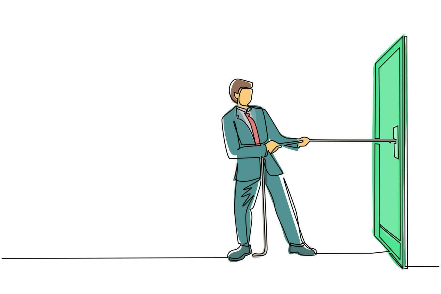 Single continuous line drawing businessman pulling rope to drag door, metaphor to facing big problem. Business struggles. Strength for success. Dynamic one line draw graphic design vector illustration