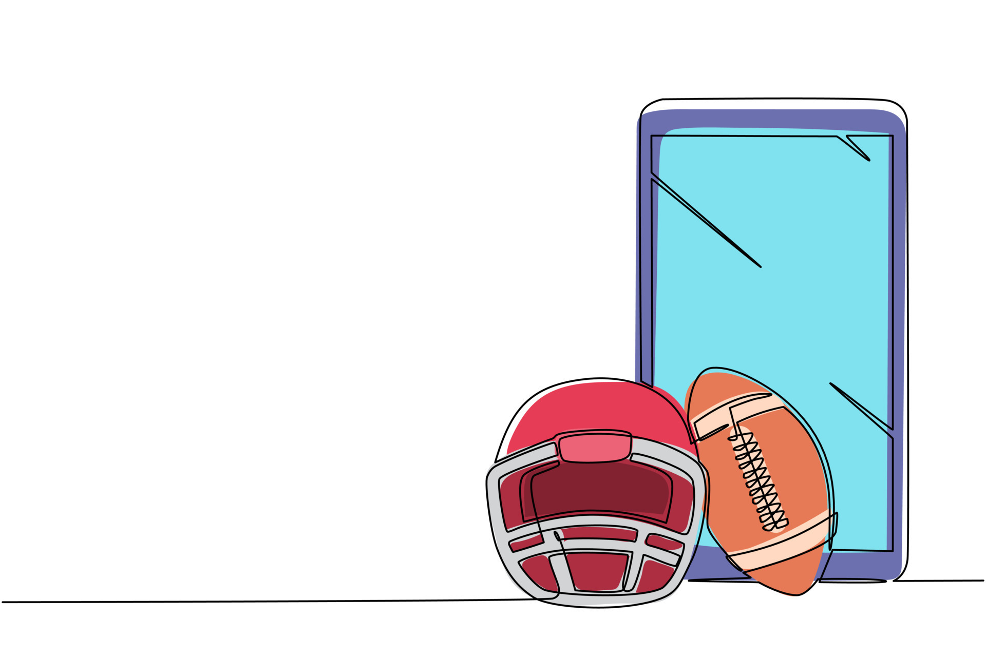 Single continuous line drawing American football helmet and ball with smartphone. Mobile sports play matches