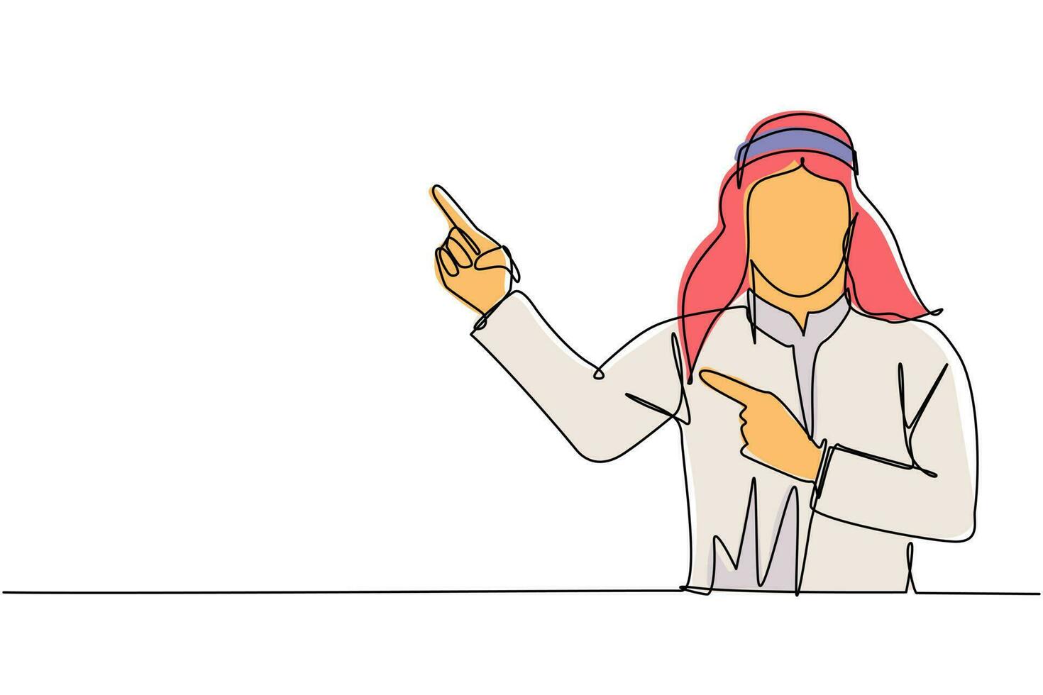 una sola línea continua dibujando a un hombre árabe que señala las manos juntas y muestra o presenta algo mientras está de pie y sonriendo. emoción y lenguaje corporal. ilustración de vector de diseño de dibujo de una línea