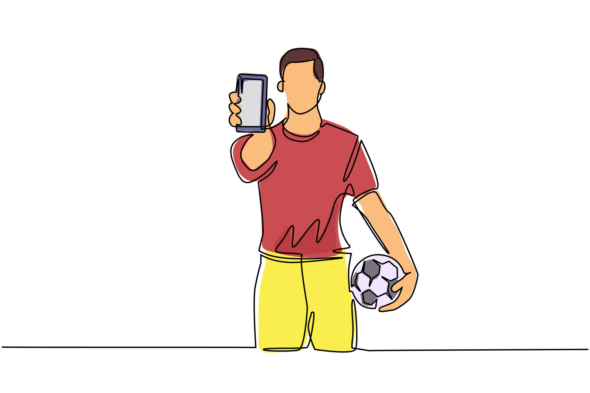 Single continuous line drawing soccer player holding football ball and smartphone. Mobile football soccer. Mobile sport play match