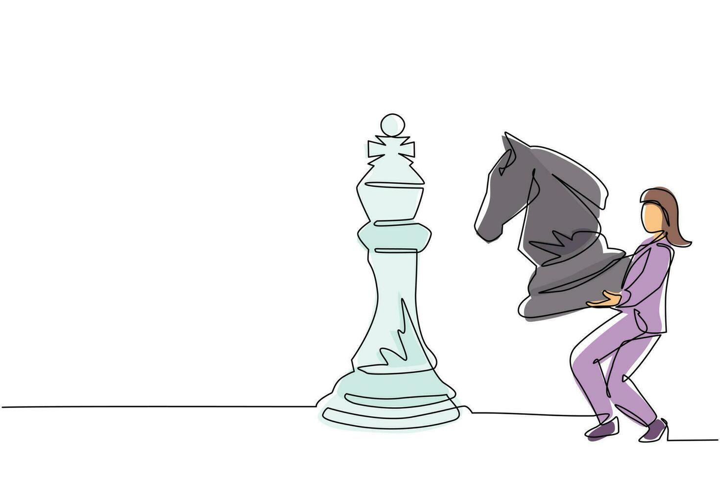 Single continuous line drawing businesswoman holding knight chess piece to beat king chess. Strategic planning, business development strategy, tactics in entrepreneurship. One line draw design vector
