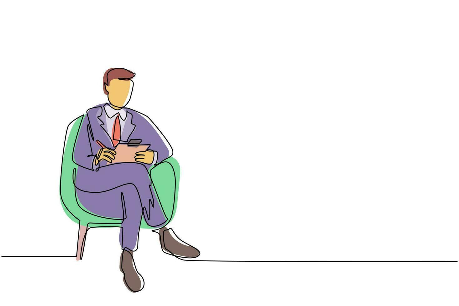 un solo dibujo de una línea joven empresario con portapapeles. ejecutivo masculino sentado en un sillón. hombre tomando notas. consulta de psicología. ilustración de vector gráfico de diseño de dibujo de línea continua moderna