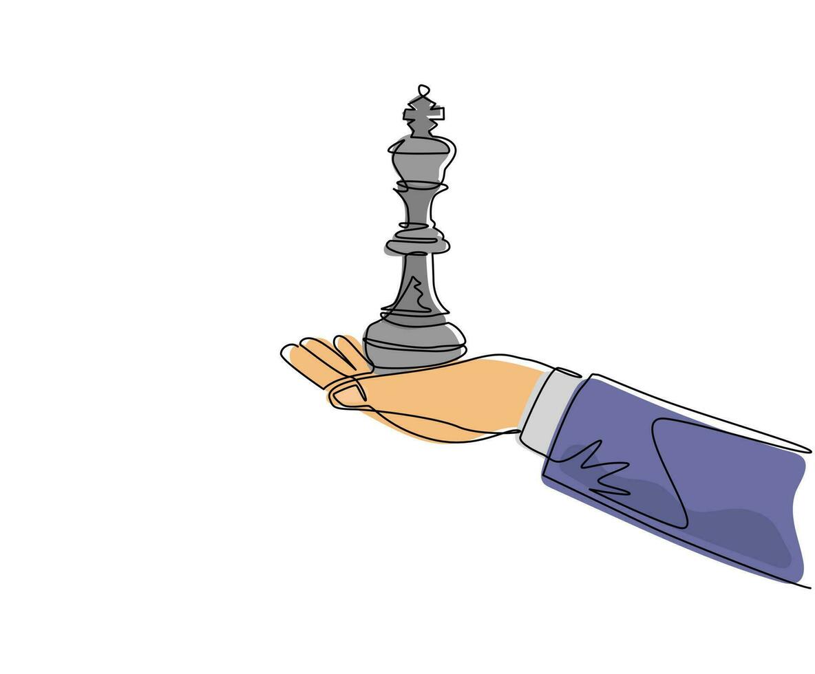 Single continuous line drawing hand holding king chess figure. Business strategy management. Partnership offer. Sport, competition, competitive, strategic. One line draw design vector illustration