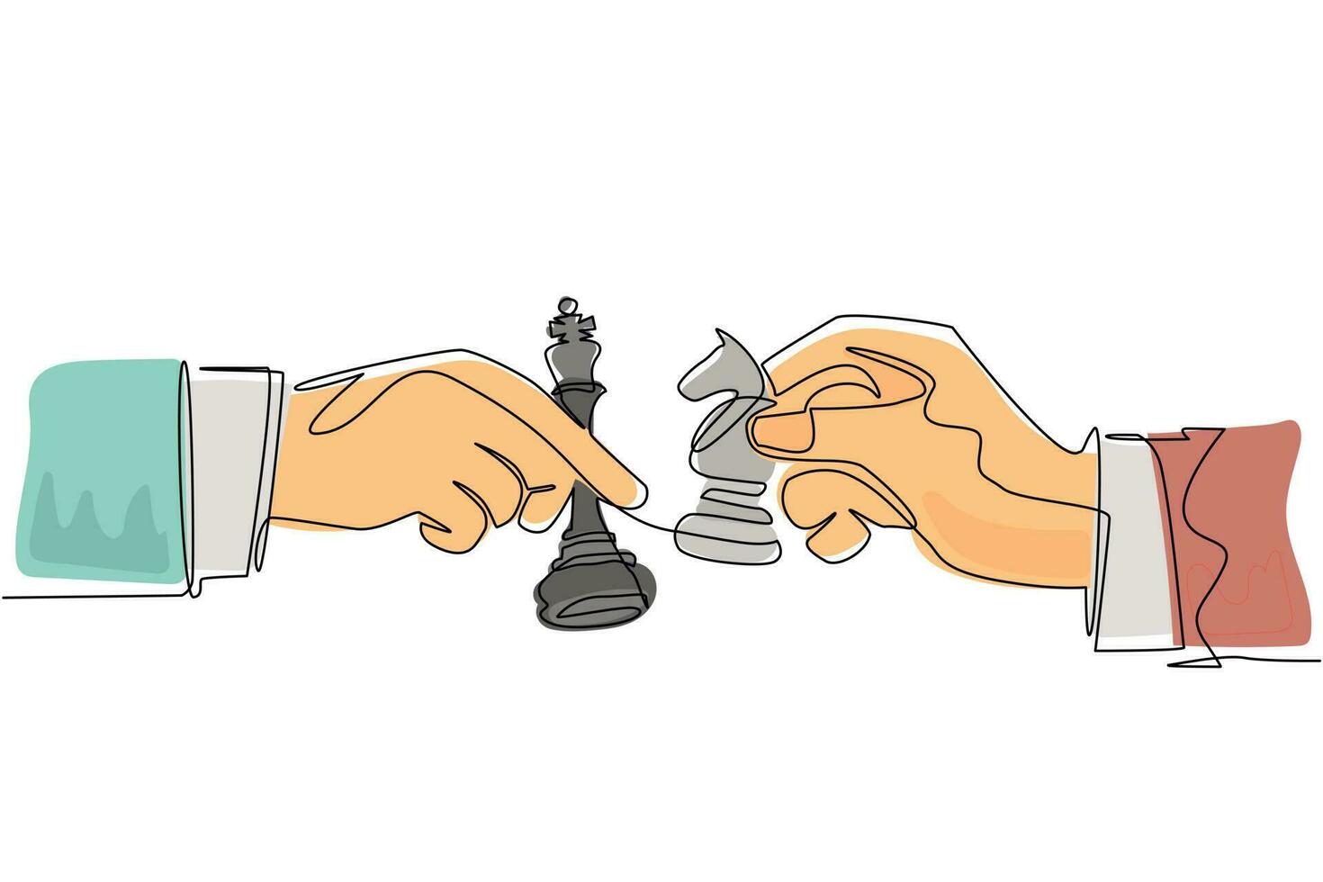 una sola línea continua dibujando dos manos de hombre con piezas de ajedrez de rey y caballo. dibujo estilizado de grabado antiguo. deporte, competencia, competitivo. ilustración de vector de diseño gráfico de dibujo de una línea