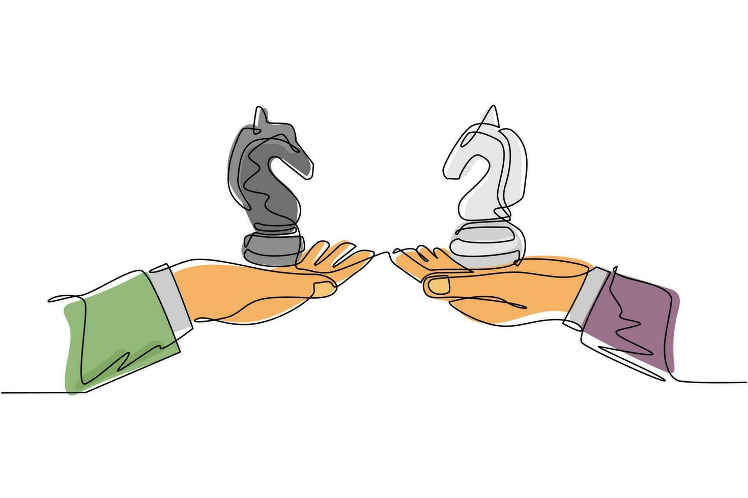 Single one line drawing business concept, of businessman hands, one holding knight chess piece and the other hand too. Strategy and management. Continuous line draw design graphic vector illustration