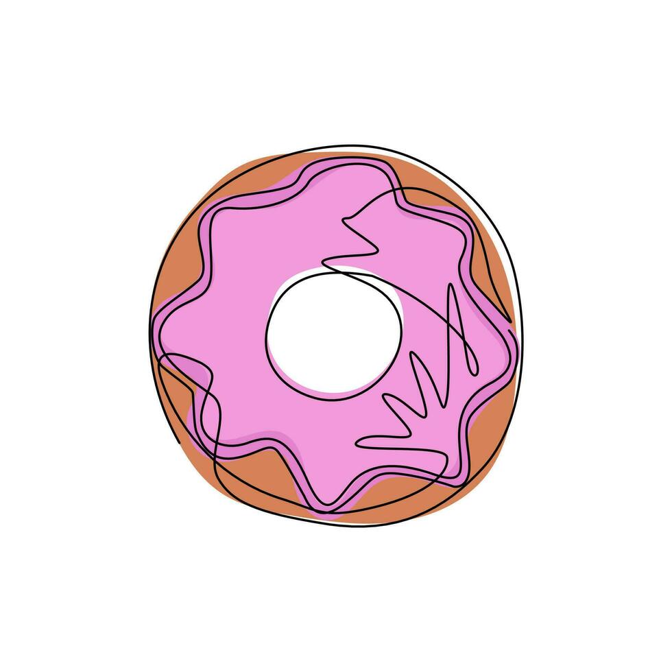 Single continuous line drawing donut icon logo. Sweet sugar icing donuts. Break time with white chocolate, strawberry and chocolate donuts top view. One line draw graphic design vector illustration