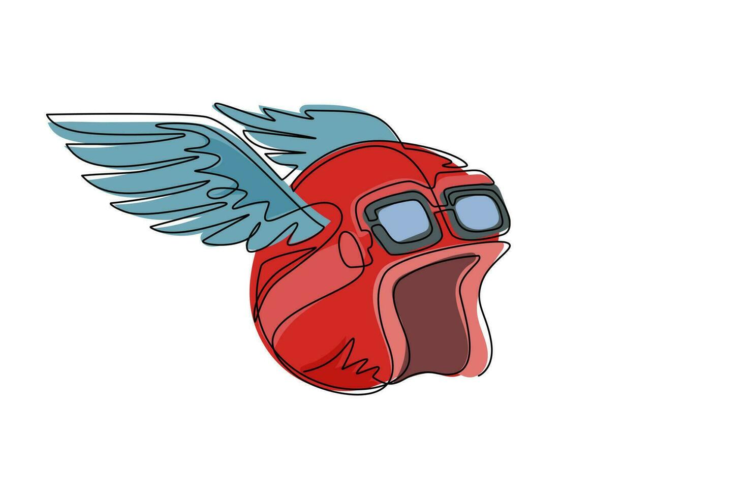 Single continuous line drawing winged racer helmet. Custom motorcycles. Emblem template with winged racer helmet. Design element for logo, label, emblem, sign. One line draw design vector illustration