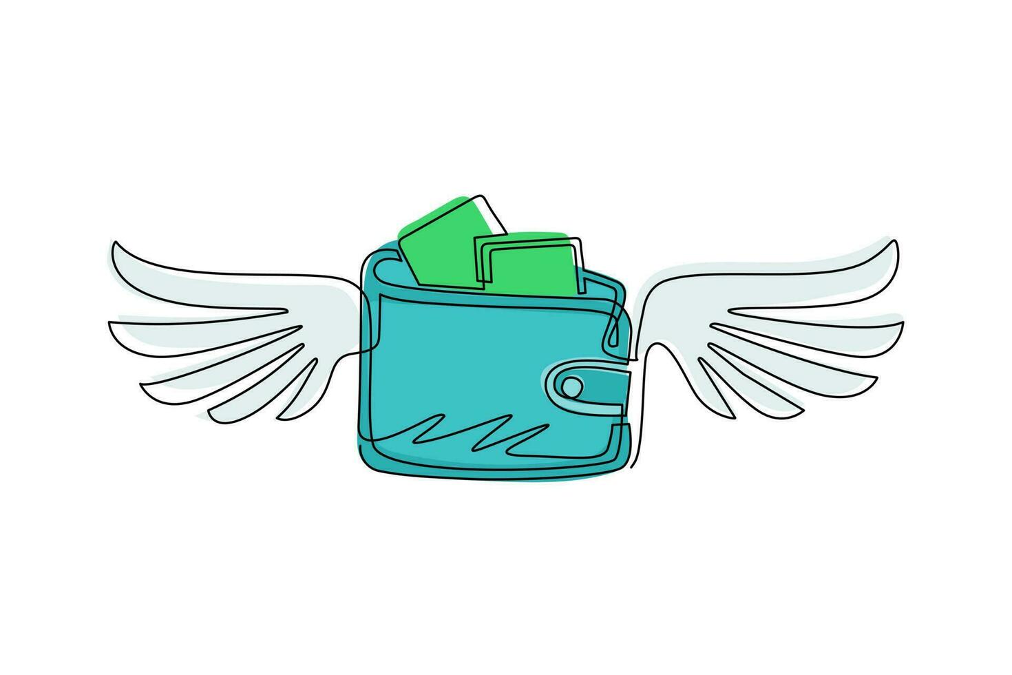 Single continuous line drawing winged wallet logo. Purse with wings icon. Losing money, spending, pay, wasteful, gone money, financial concept. Dynamic one line draw graphic design vector illustration