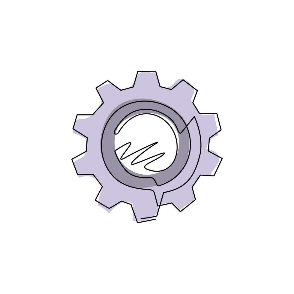 Continuous one line drawing metal gears and cogs. Gear icon flat design banner poster emblem. Mechanism wheels logo. Cogwheel concept template. Single line draw design vector graphic illustration