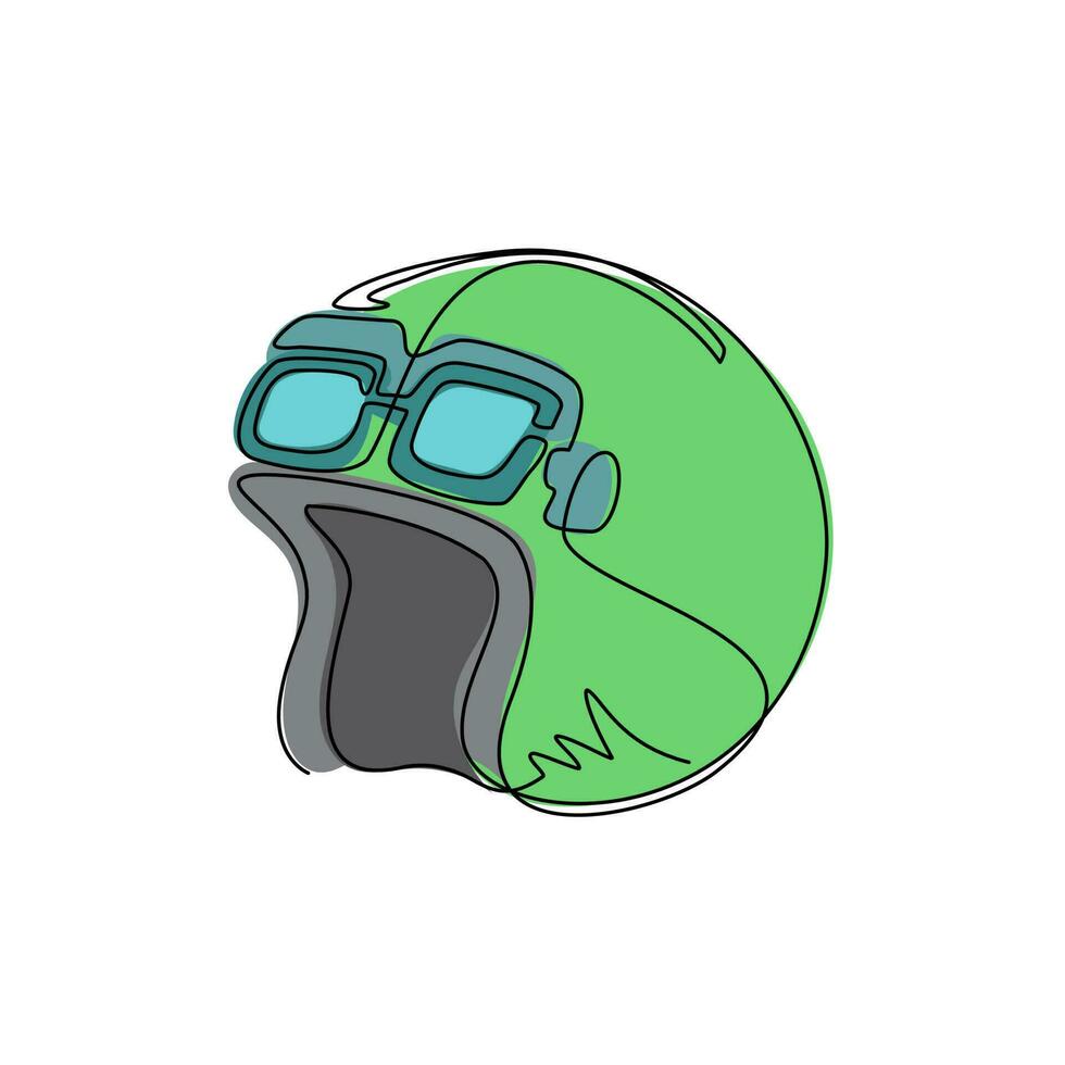 Continuous one line drawing vintage motorcycle classic helmet with goggles icon. Transportation industry. Retro aviator helmet isolated on white. Single line draw design vector graphic illustration