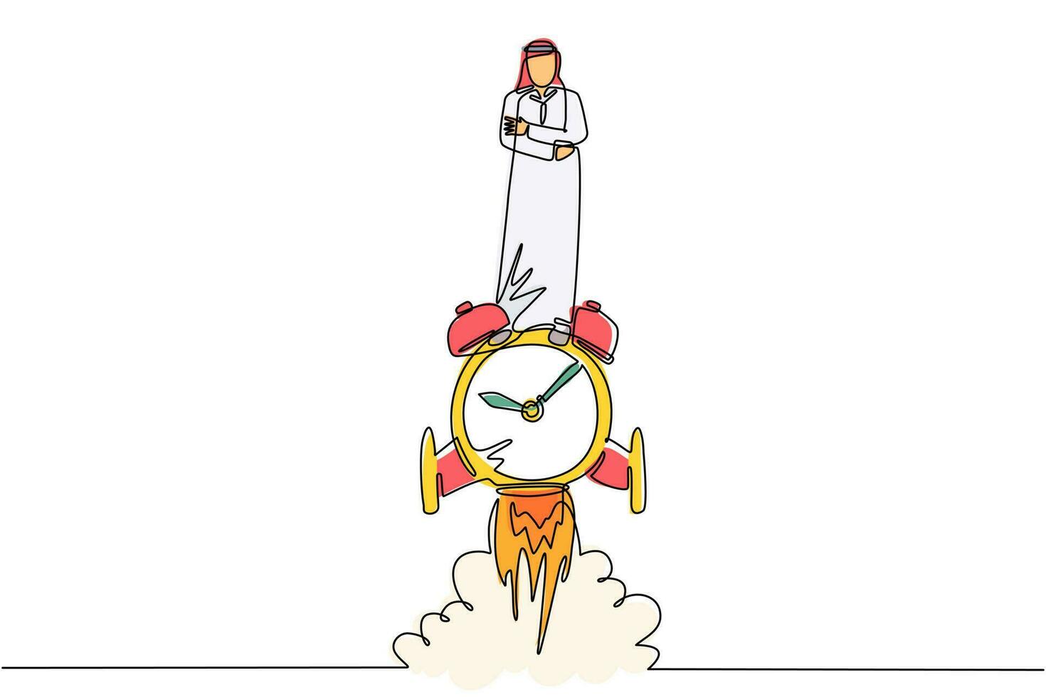 Single continuous line drawing Arabian businessman riding alarm clock rocket ship with fire, clouds. Time, watch, limited offer, deadline. Time to work. Countdown shuttle. One line draw design vector