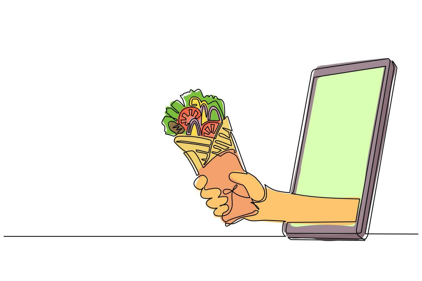 mano de dibujo de una sola línea continua sosteniendo shawarma a través del teléfono móvil. concepto de comida en línea de entrega de pedidos de restaurante. aplicación para teléfonos inteligentes. ilustración de vector de diseño gráfico de dibujo de una línea