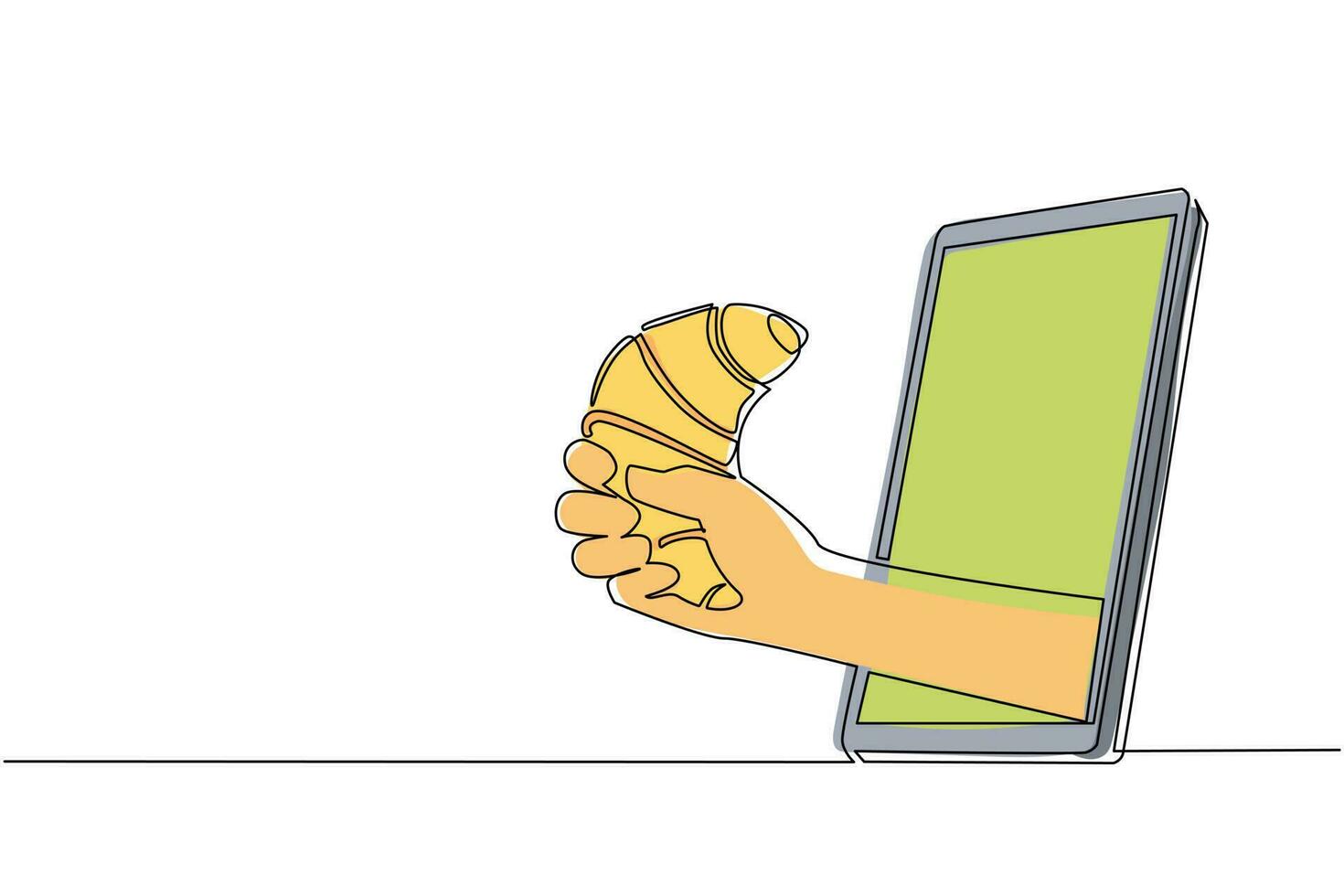 Single continuous line drawing human hand holding fresh baked croissant through mobile phone. Concept of restaurant order delivery online food. Application for smartphones. One line draw design vector