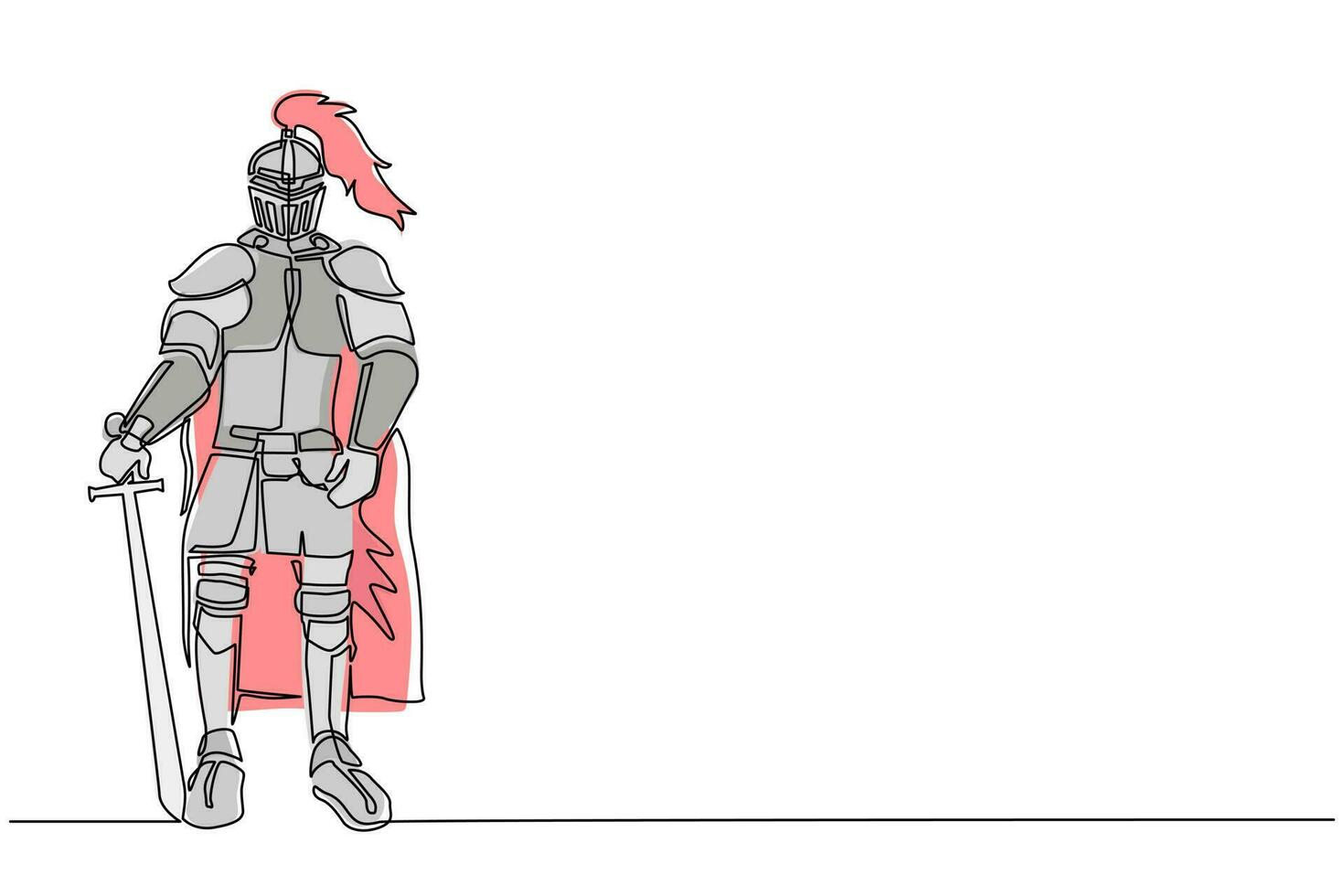 Continuous one line drawing medieval knight in armor, cape and helmet with feather. Warrior of middle ages standing and leaning on sword. Historical ancient military. Single line draw design vector