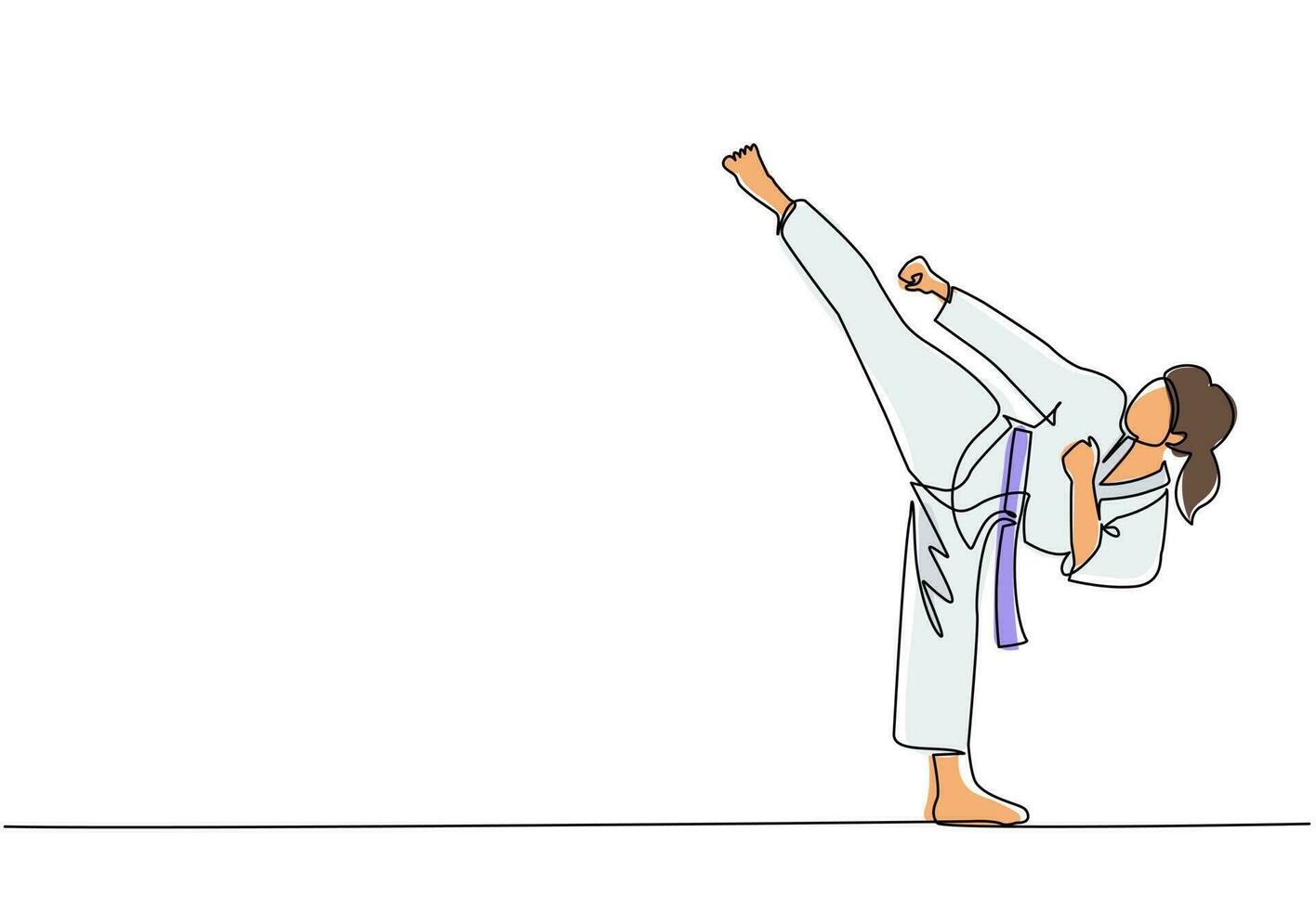 dibujo de una sola línea continua joven y linda mujer de taekwondo haciendo pose de patada en uniforme de lucha con cinturón ejerciendo arte marcial en el gimnasio. concepto de estilo de vida deportivo saludable. vector de diseño gráfico de dibujo de una línea