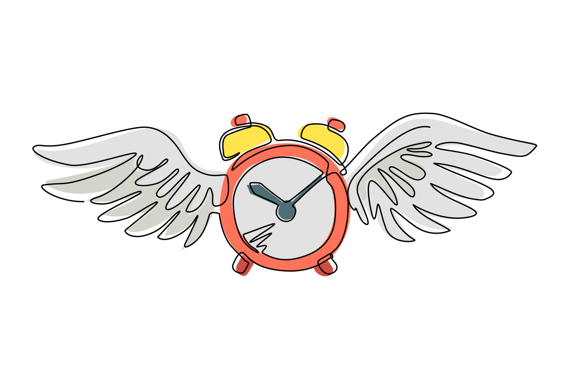 Single continuous line drawing time flies concept. Table alarm clock