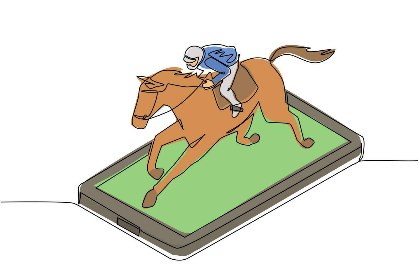 Continuous one line drawing young man riding horse on smartphone screen. Racing horse with jockey. Equestrian sport. Jockey riding jumping horse. Single line draw design vector graphic illustration