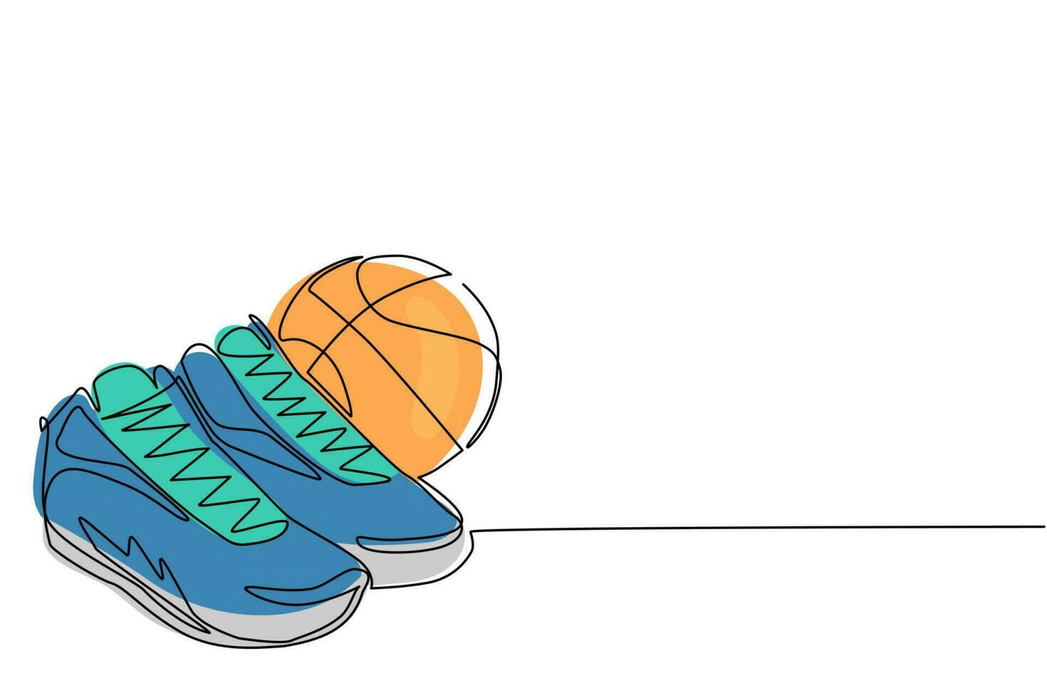 Single one line drawing basketball shoes and basketball balls. Basketball ball and boots. Sports inventory. For sport store ad, app pictogram, infographics. Continuous line draw design graphic vector