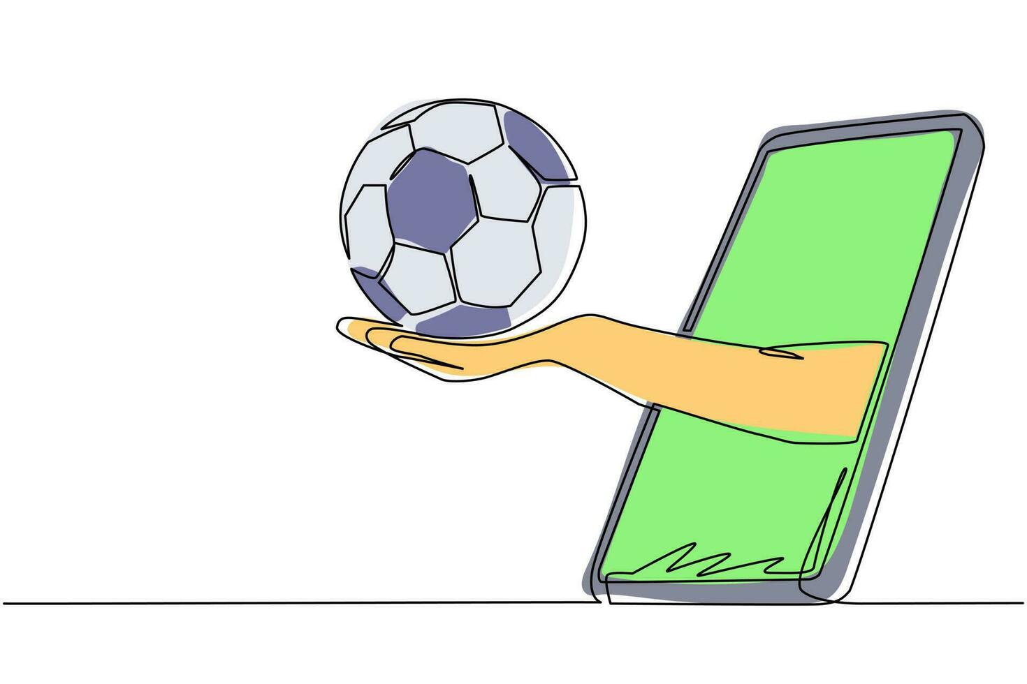 la mano de dibujo de una sola línea continua sostiene el balón de fútbol a través del teléfono inteligente. concepto para juegos en línea, retransmisiones deportivas. juegos de fútbol en línea. Ilustración de vector de diseño gráfico de dibujo de una línea dinámica