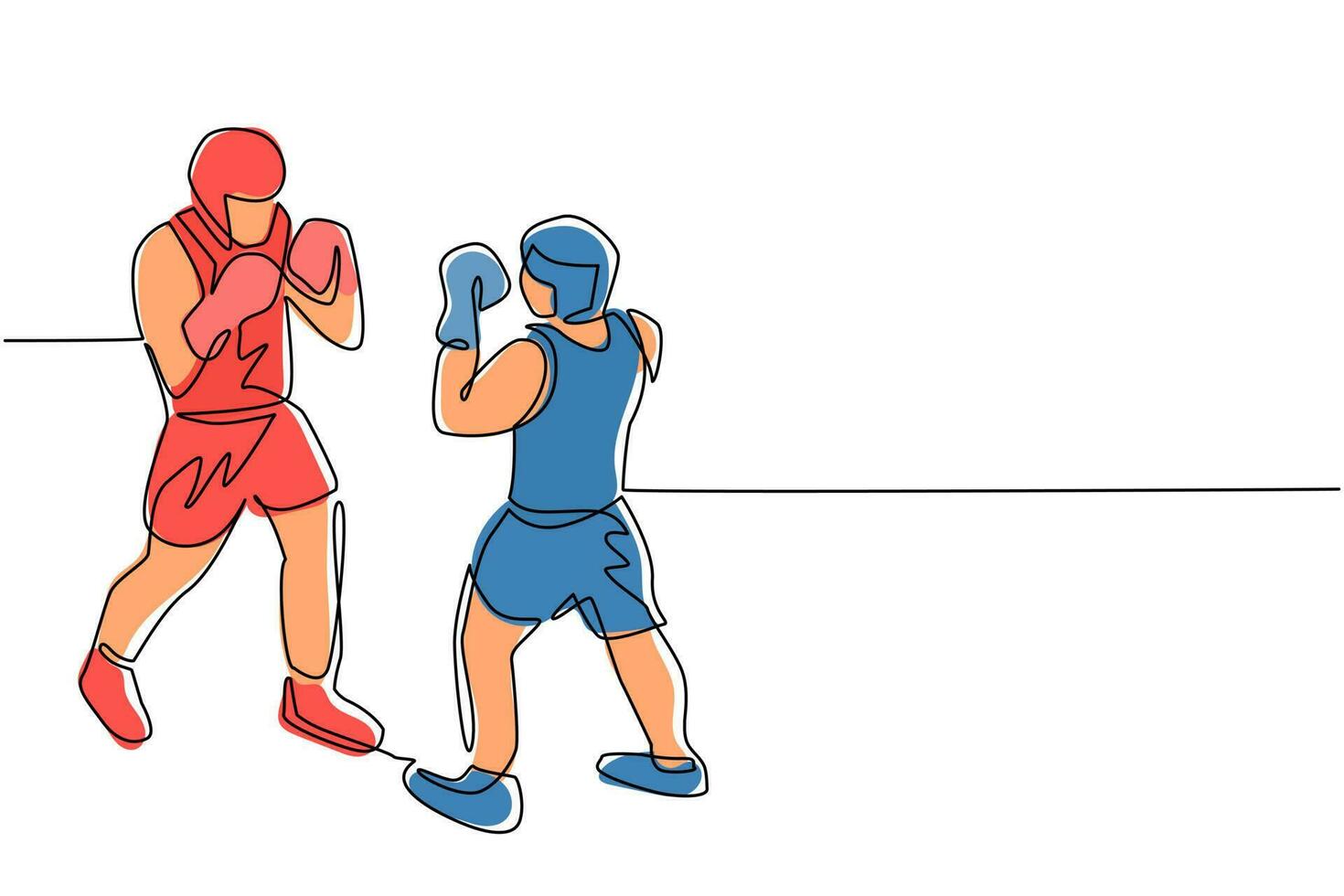 Single continuous line drawing boxers fighting on ring, opponents in shorts and gloves fight on arena with spotlights and ropes. Competition. Dangerous sport. One line draw design vector illustration