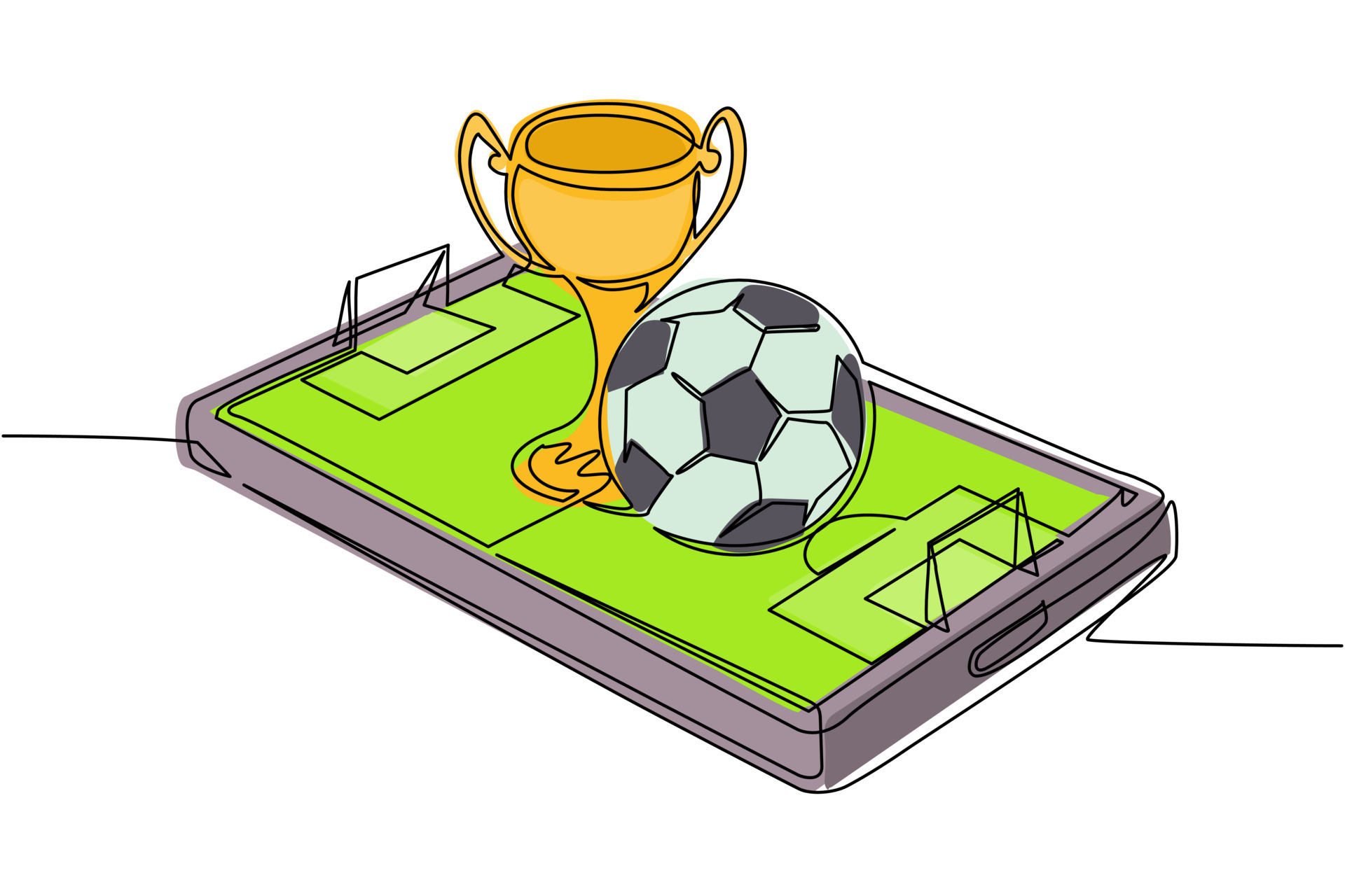 Single continuous line drawing soccer ball and trophy cup over virtual football field smartphone screen. Mobile football soccer