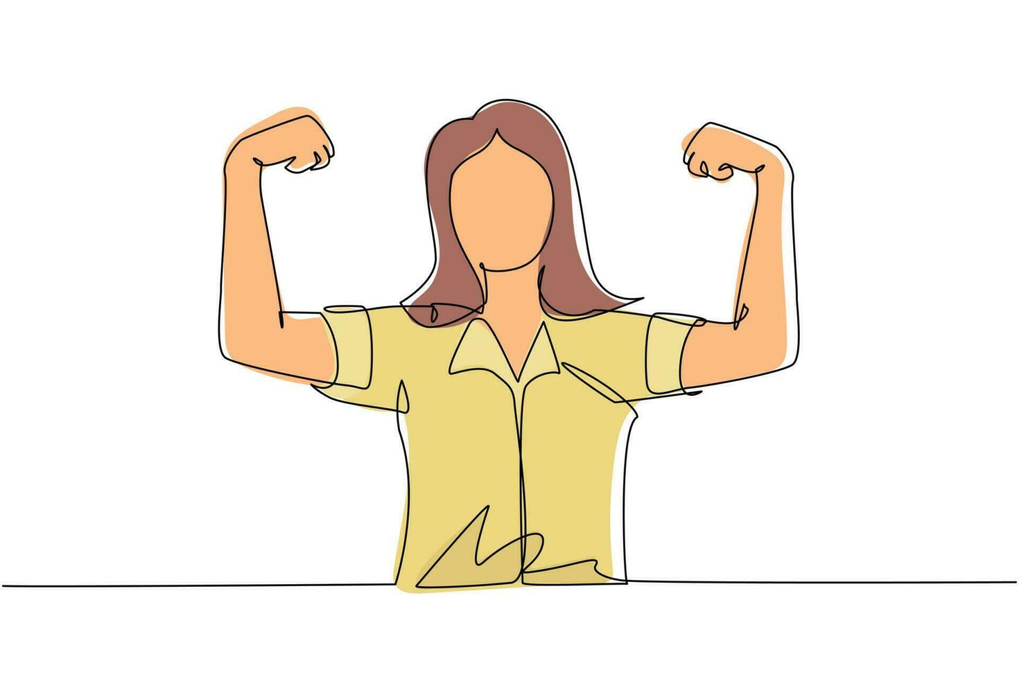 Continuous one line drawing happy female employee of company stands in strong pose. Businesswoman gestures hand. Office worker. Achievement concept. Single line draw design vector graphic illustration