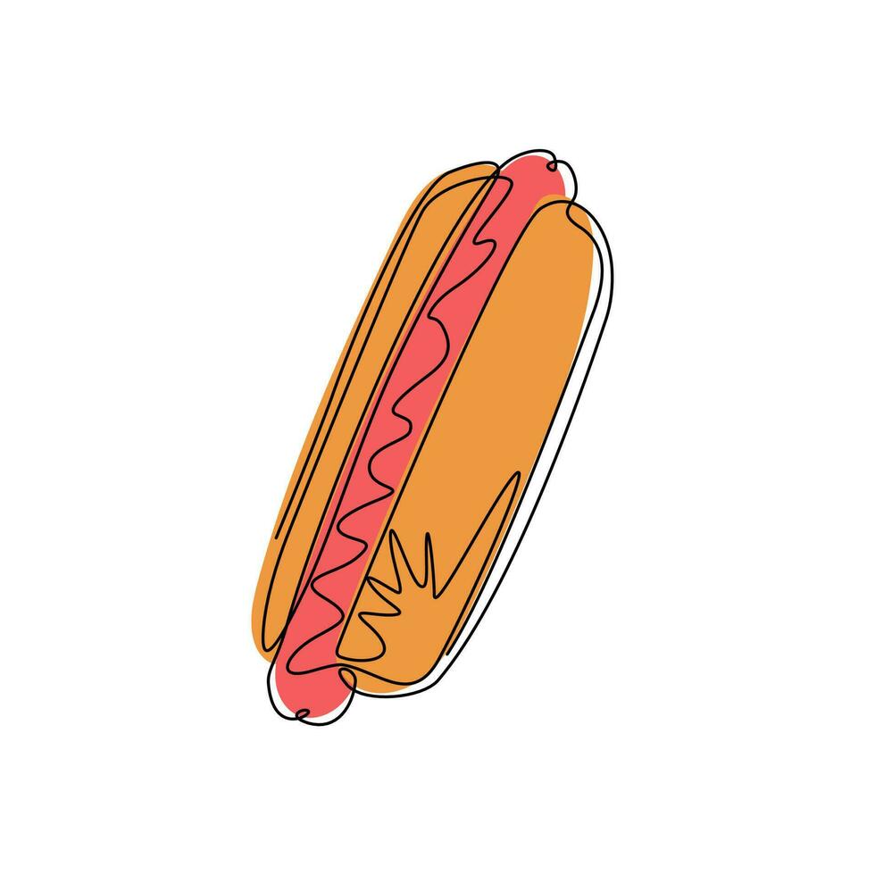 Continuous one line drawing hot dog. Fast food cooked sausage of hot dog in sliced bun. Fast food for poster, menus, brochure, web, icon fast food. Single line draw design vector graphic illustration