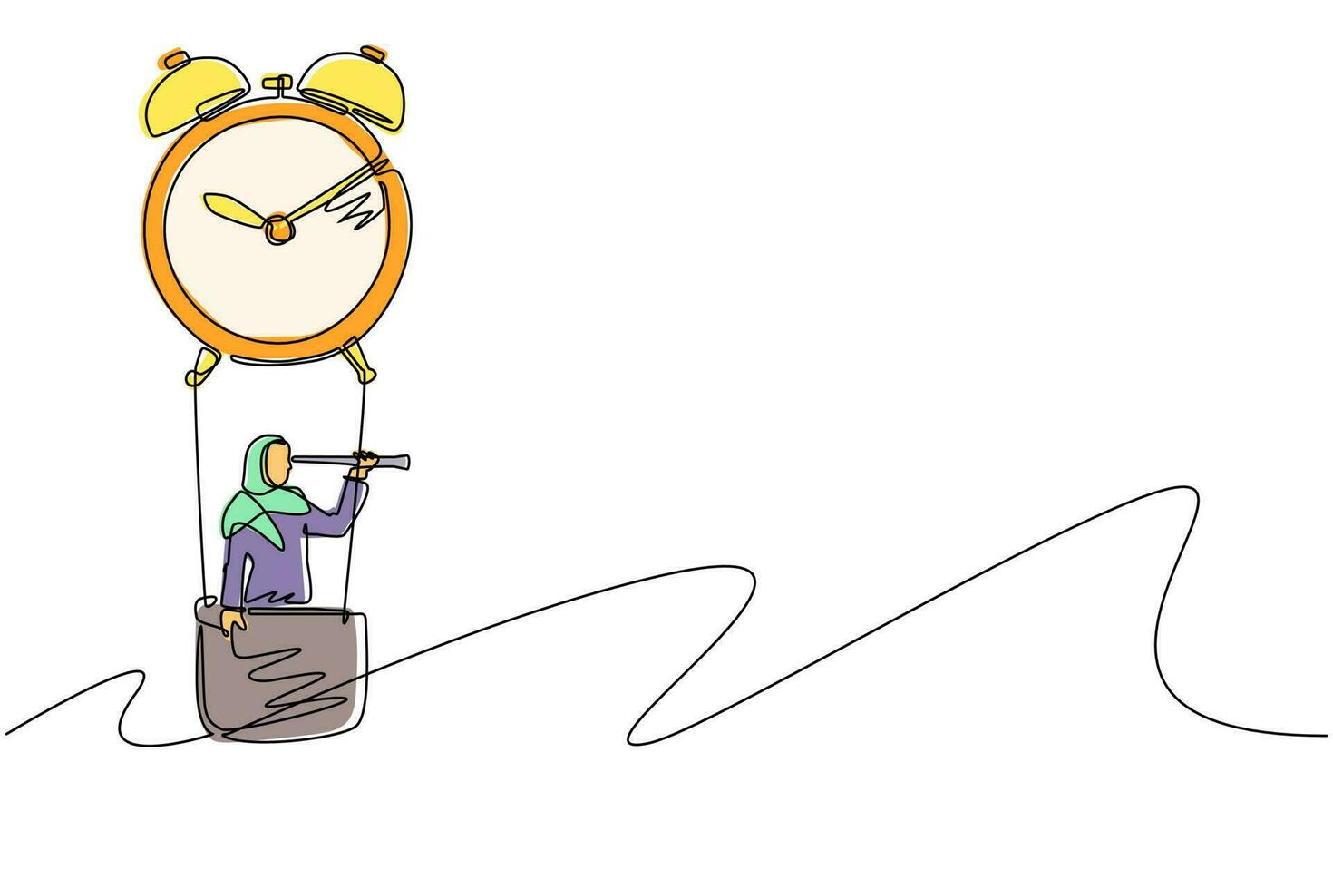 Single continuous line drawing Arab businesswoman, manager or employee ride hot air balloon alarm clock and looking forward with telescope. Time management business travel. One line draw design vector