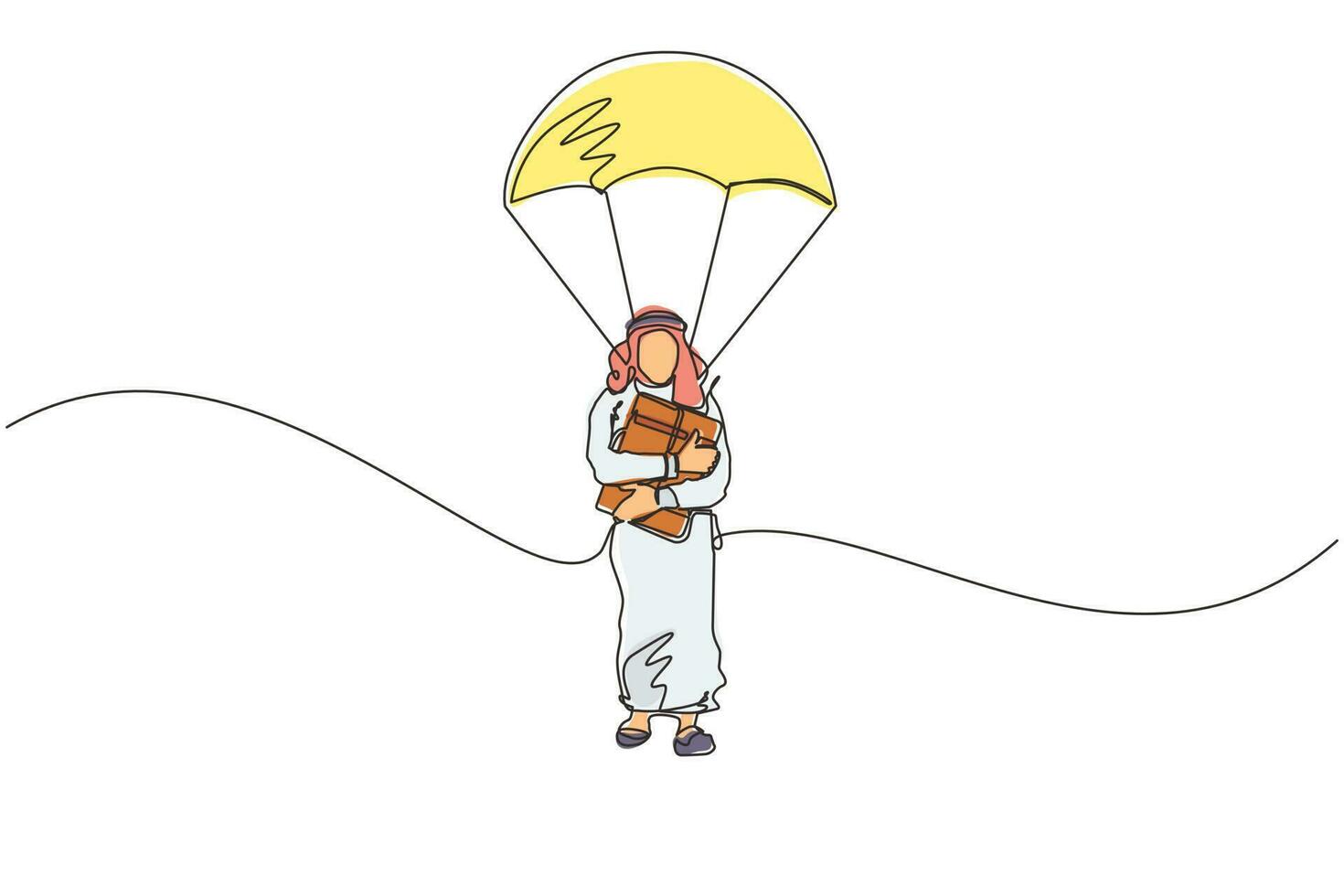 Single continuous line drawing Arab businessman holding briefcase and jumping with parachute. Business people skydiver risk danger and safety concept. One line draw graphic design vector illustration