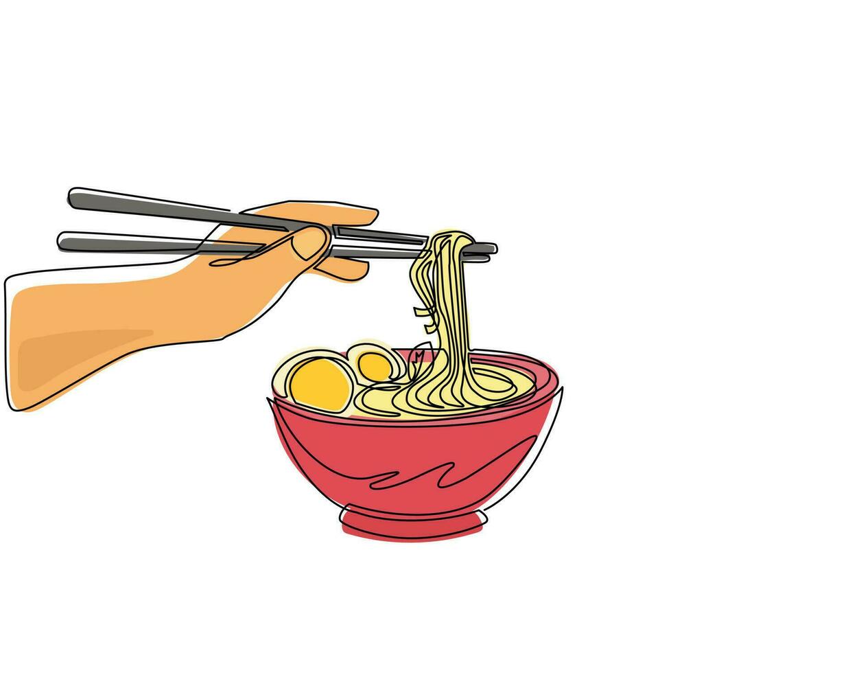 Single continuous line drawing hand drawn ramen soup in black bowl with male hand holding chopsticks. Japanese noodle. Asian traditional food. Dynamic one line draw graphic design vector illustration