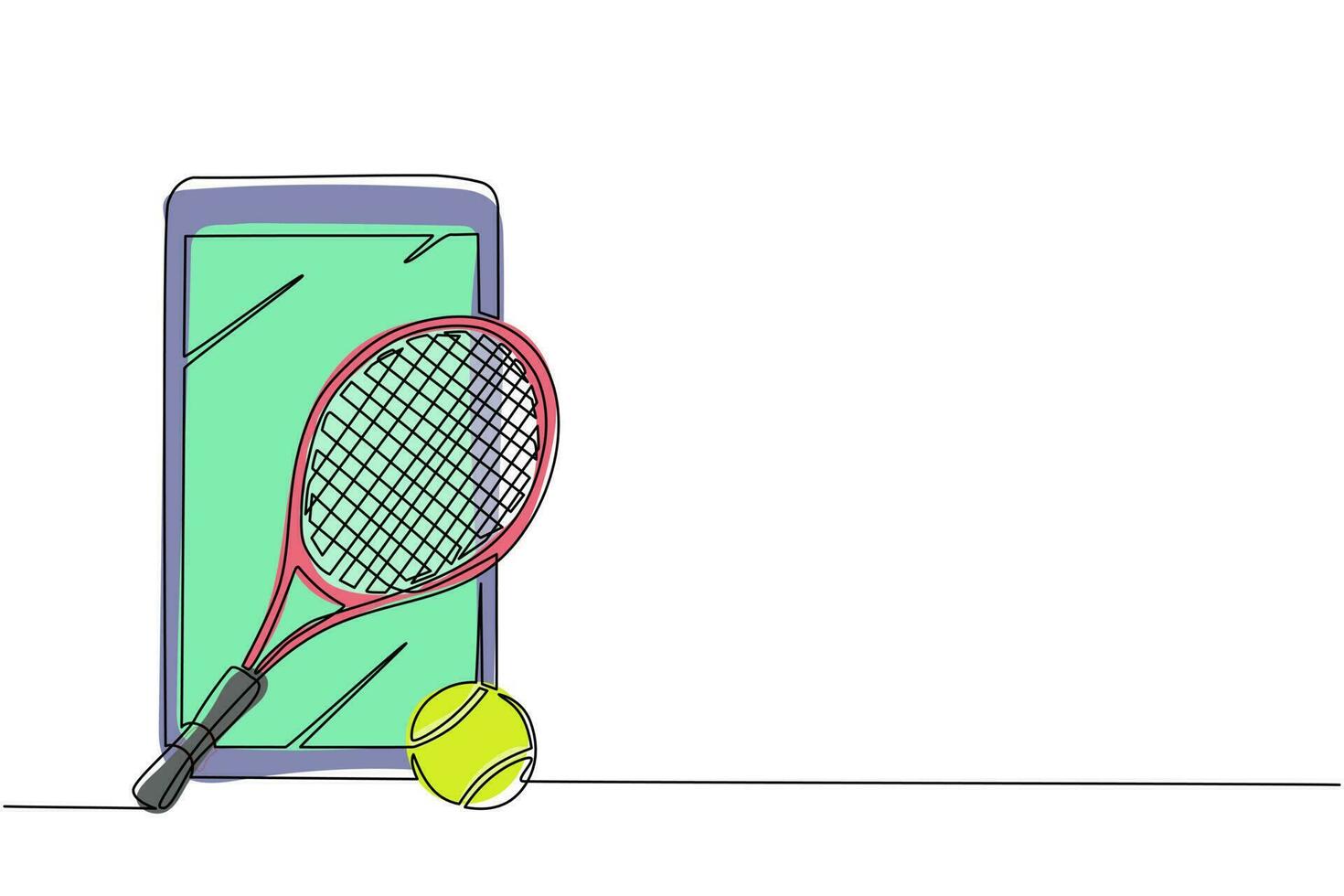 Single continuous line drawing smartphone and tennis racket and ball equipment for competition play game concept. Sport tennis tournament and championship posters. One line draw graphic design vector